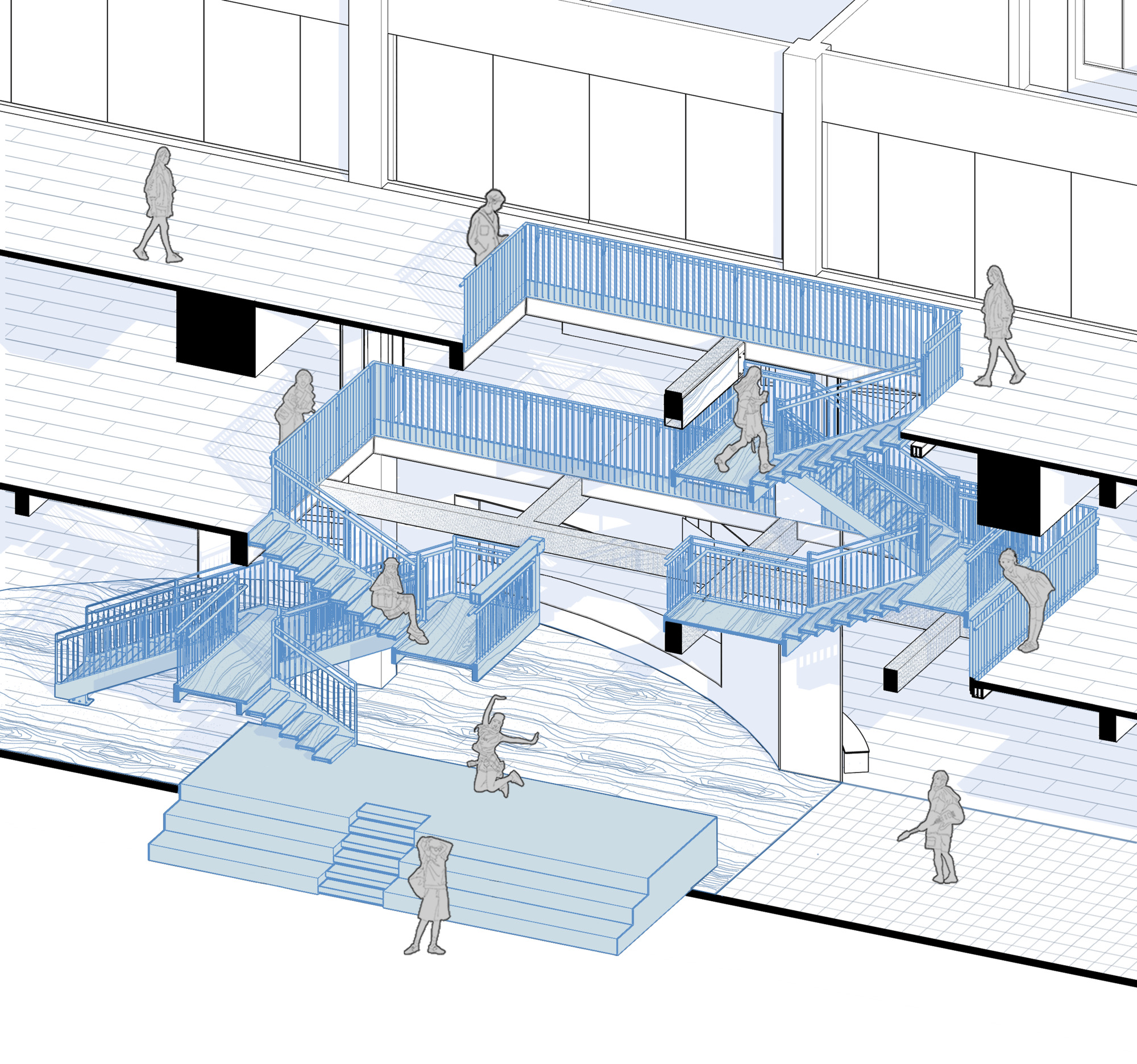 Close-up axonometric detail of the interlocking stairs with vertical blue glass railings and walking figures