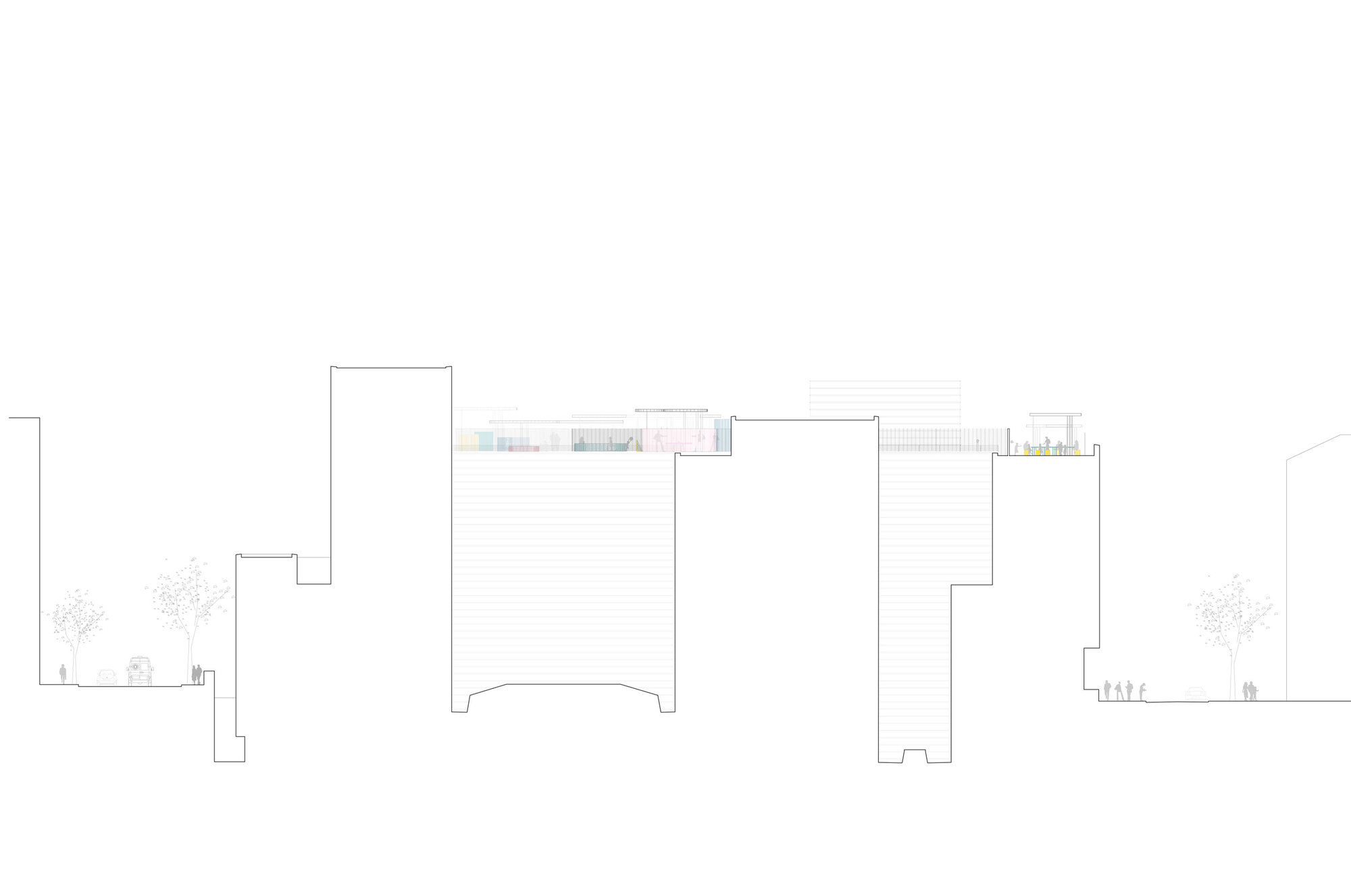 Section drawing depicting volumetric masses with flat roofs and trees flanking both sides
