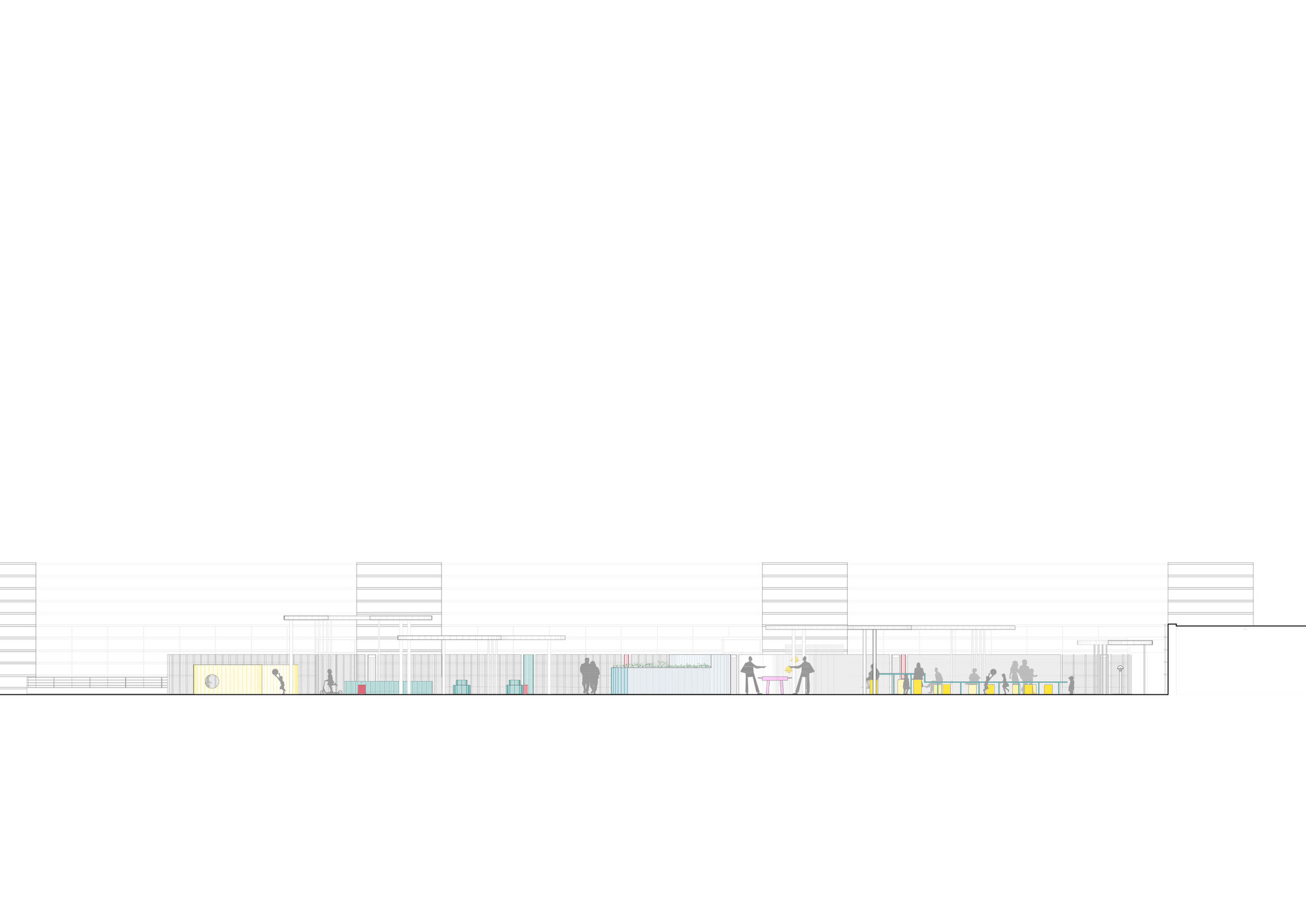 Elevation drawing featuring low horizontal volumes with slatted tower elements and scattered figures