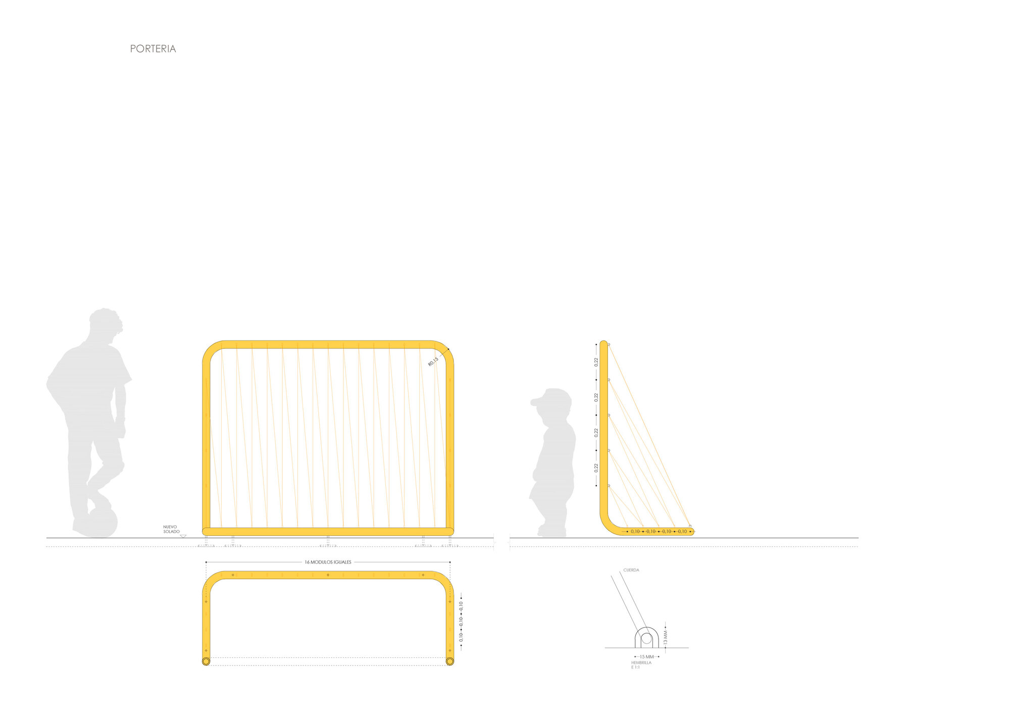 Elevation and section drawings of a yellow-framed gate structure with vertical infill and silhouetted figures