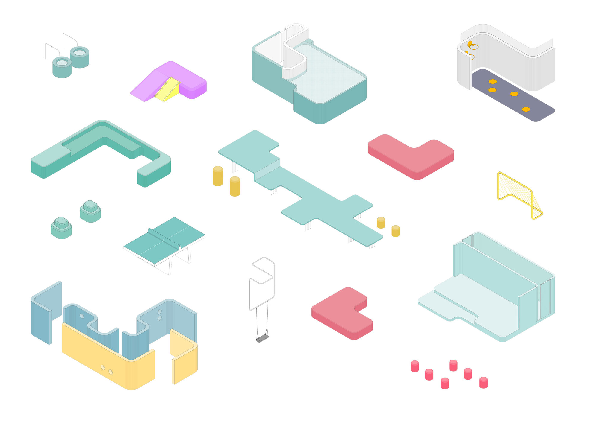 Isometric drawing showing modular play equipment elements in turquoise, pink, and yellow scattered across a white field