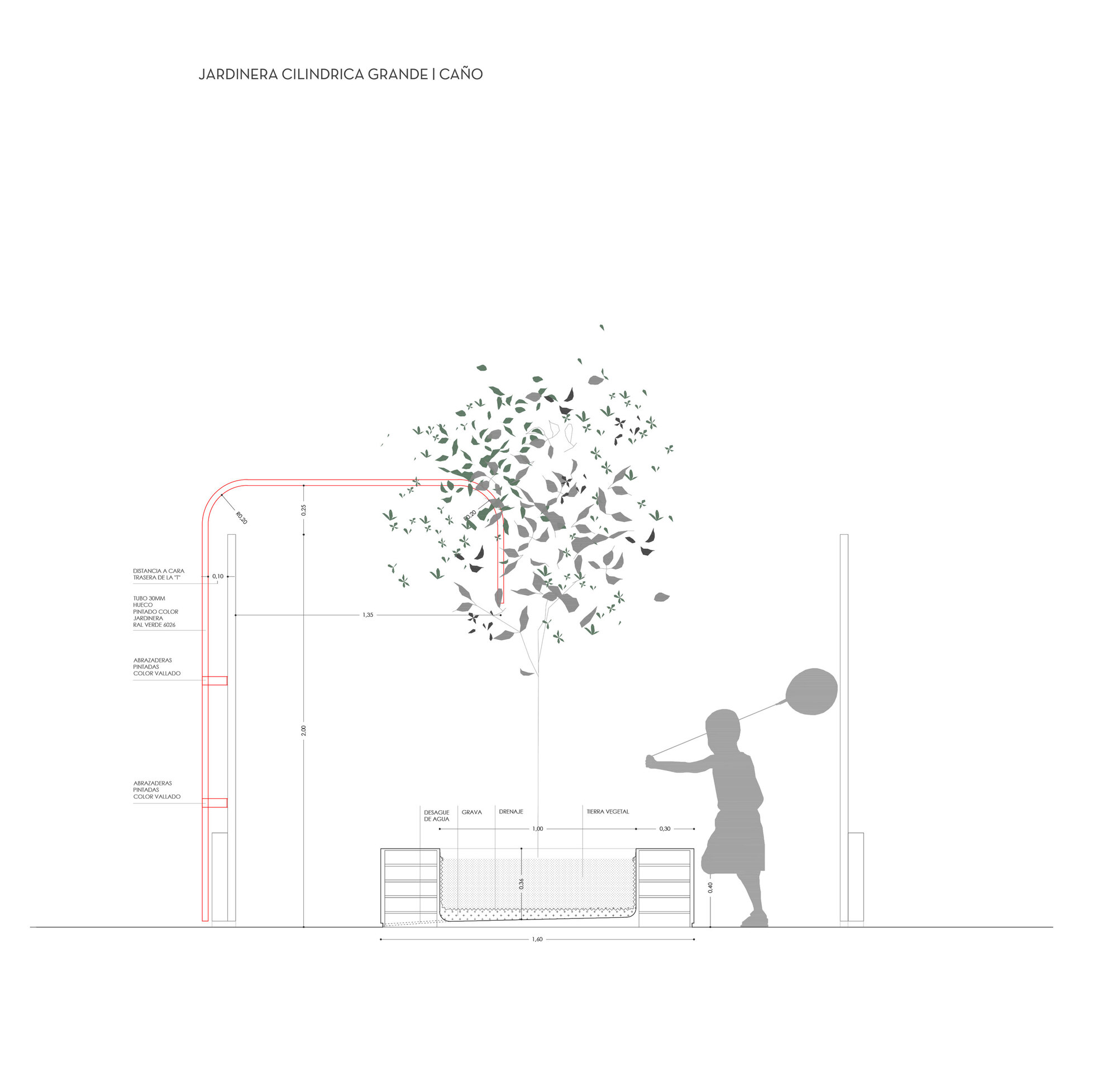 Section drawing of a cylindrical planter with tree canopy, child figure with ball, and bench seating below