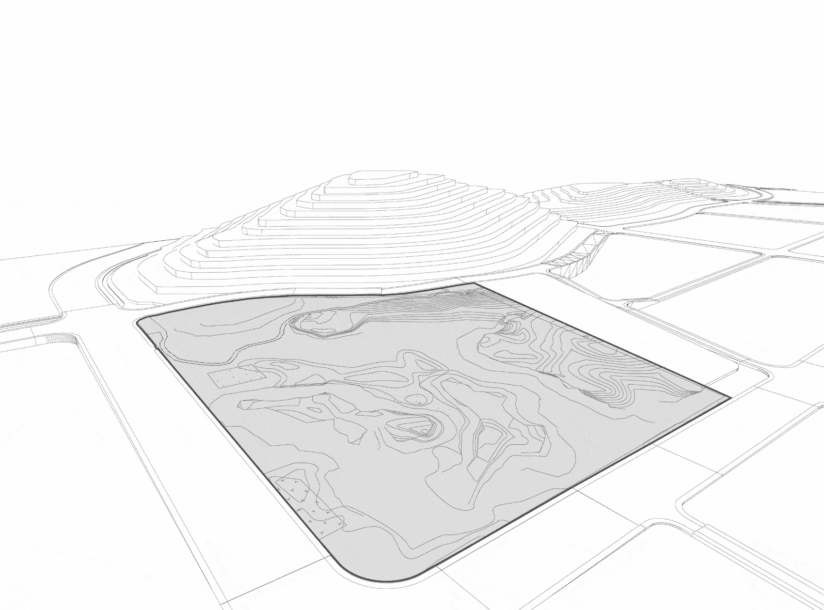 Axonometric site drawing showing contour lines and the building footprint within surrounding grid