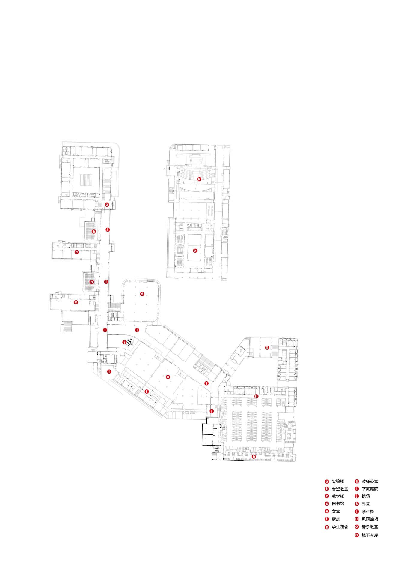 Floor plan drawing showing interconnected classroom and program zones with numbered circulation pathways