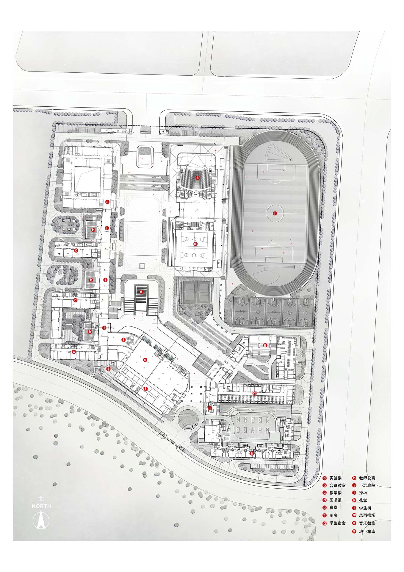 Site plan drawing depicting building clusters with landscaping and a running track at the upper right