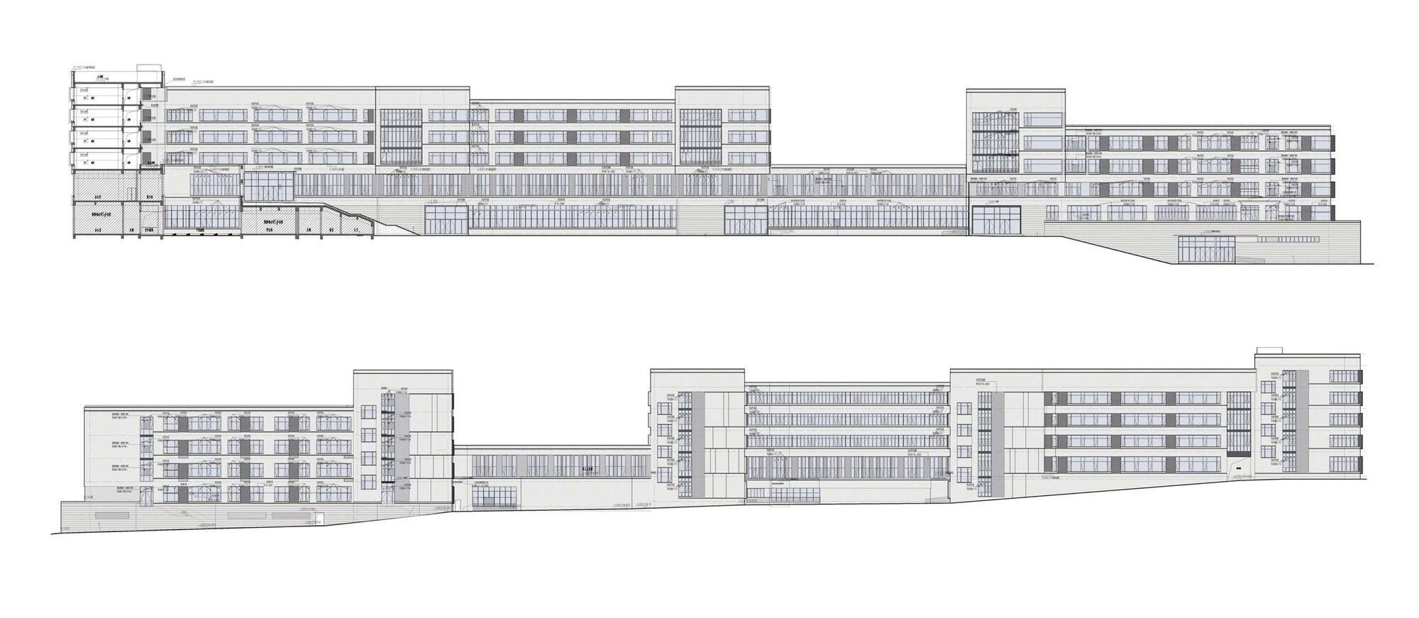 Elevation drawings showing two long horizontal buildings with rhythmic window patterns and sloping terrain