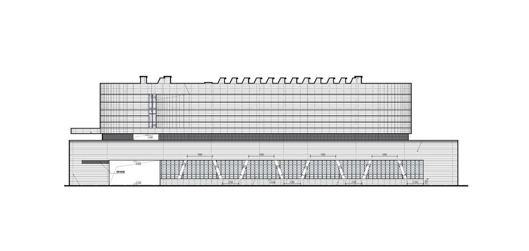 Elevation drawing of an angular low-rise building with gridded facade and sawtooth roof profile
