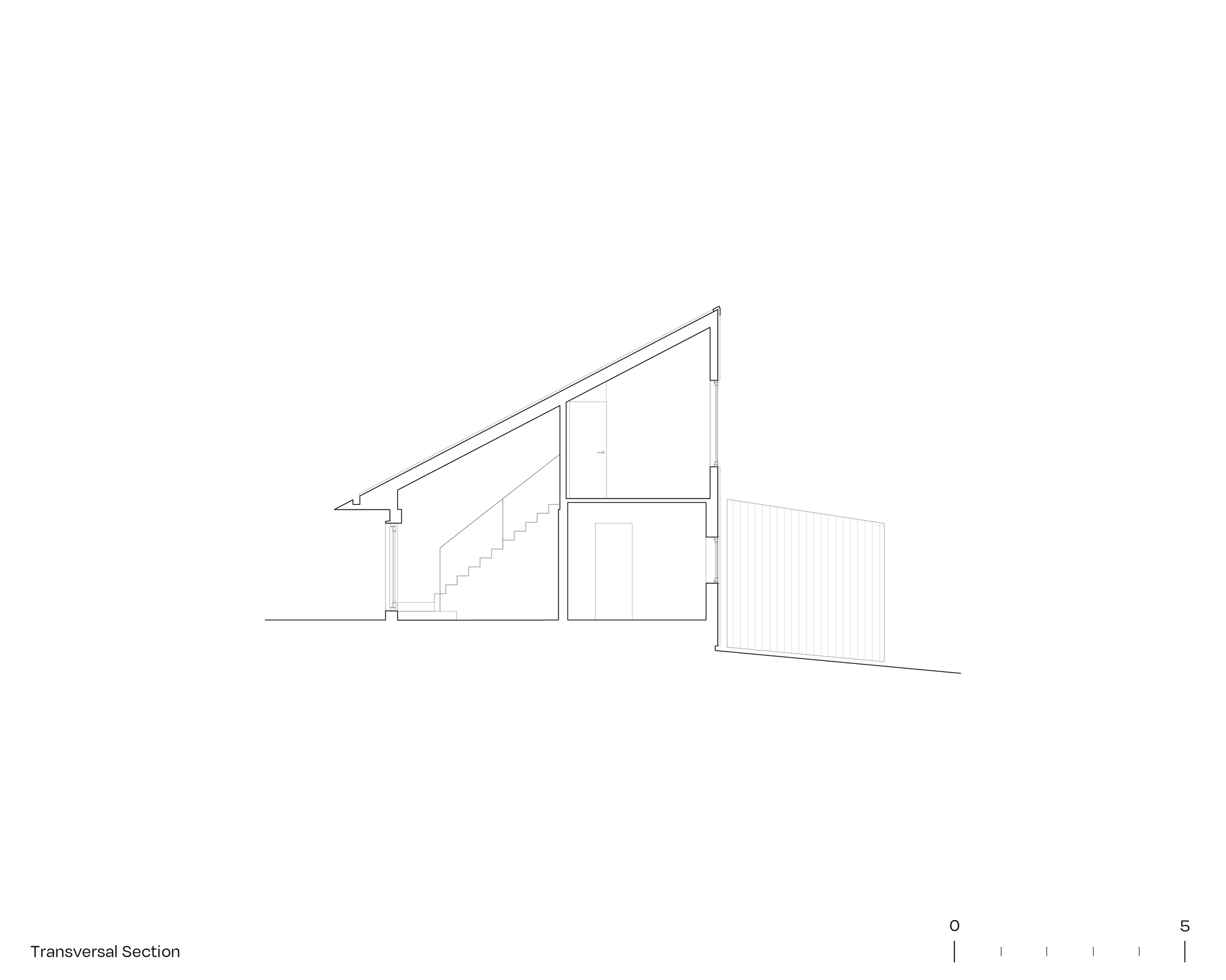 Transversal section drawing showing the sloped roof profile and interior staircase with adjacent volume