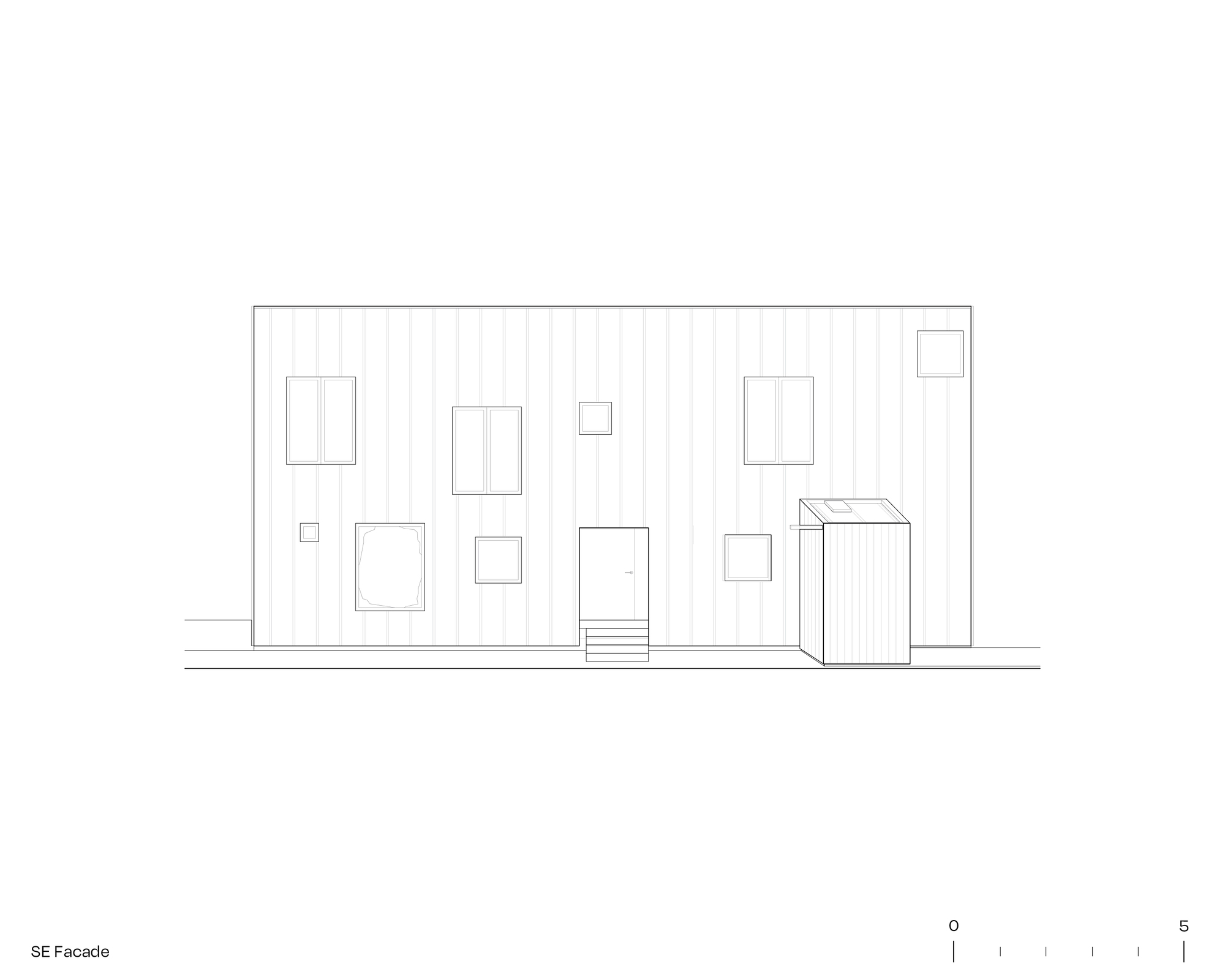 Elevation drawing of the southeast facade with varied window openings and a protruding volume on vertical cladding