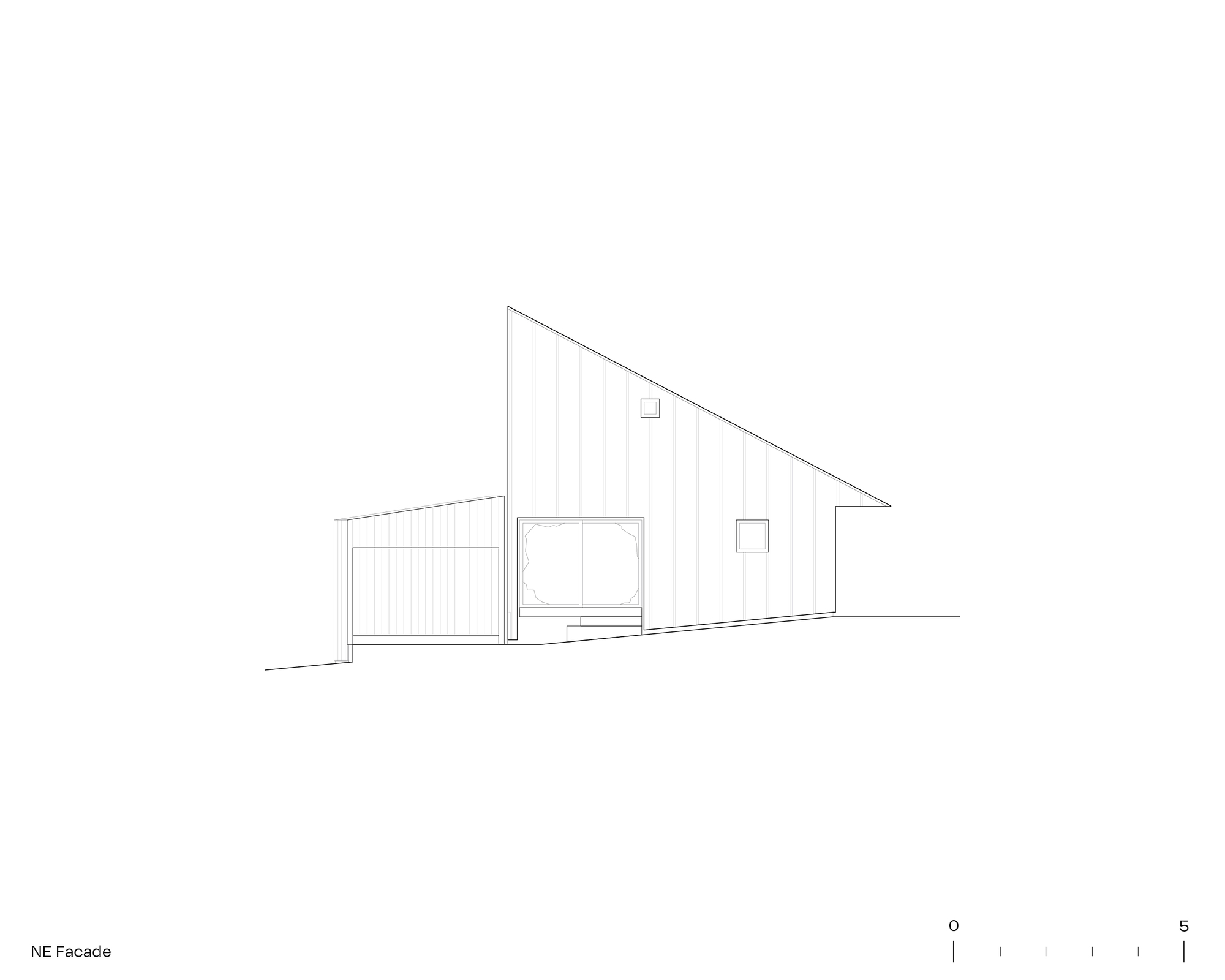 Elevation drawing of the northeast facade showing a sloped roof and a garage door on the left