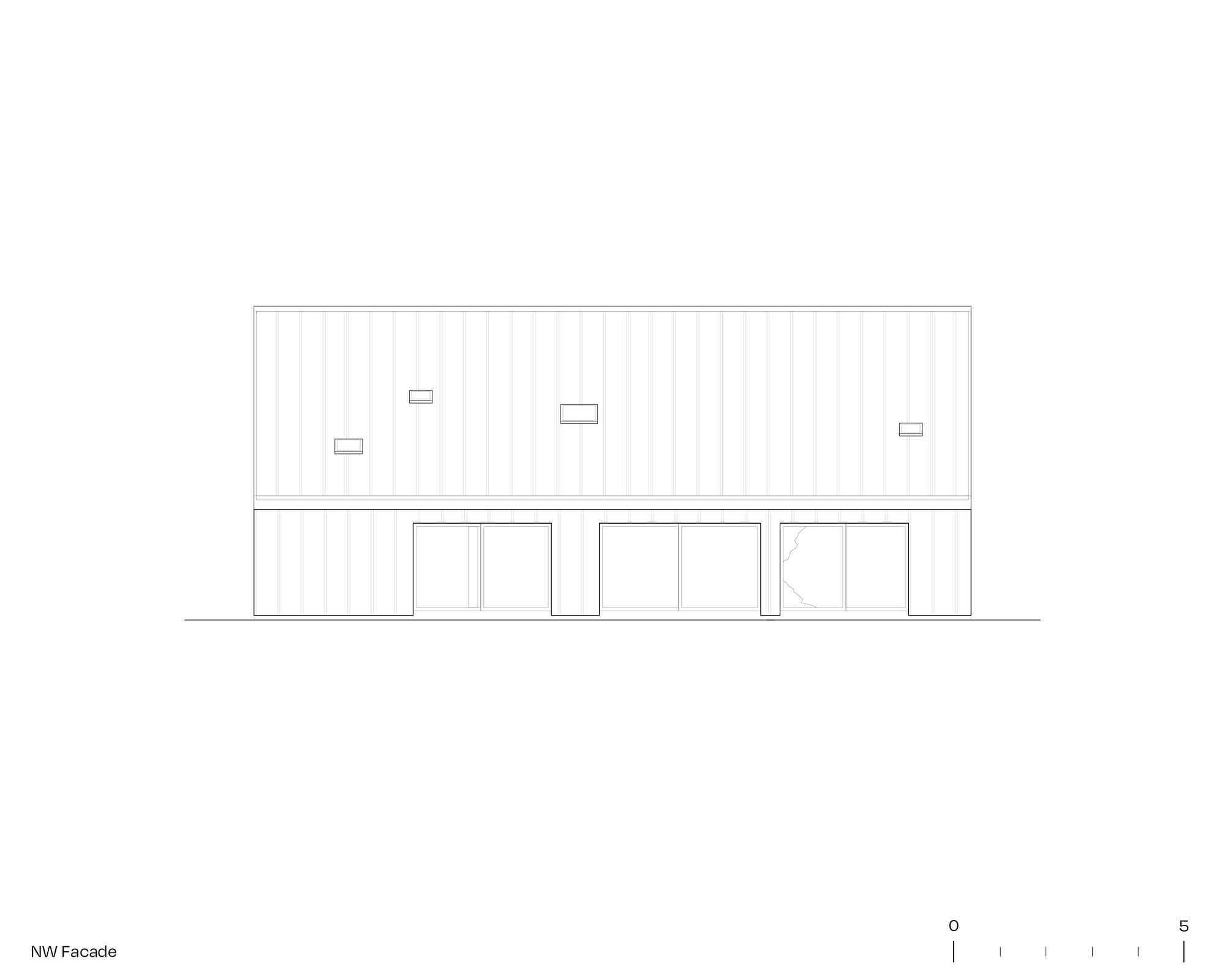 Elevation drawing of the northwest facade with a horizontal upper volume and three large openings below