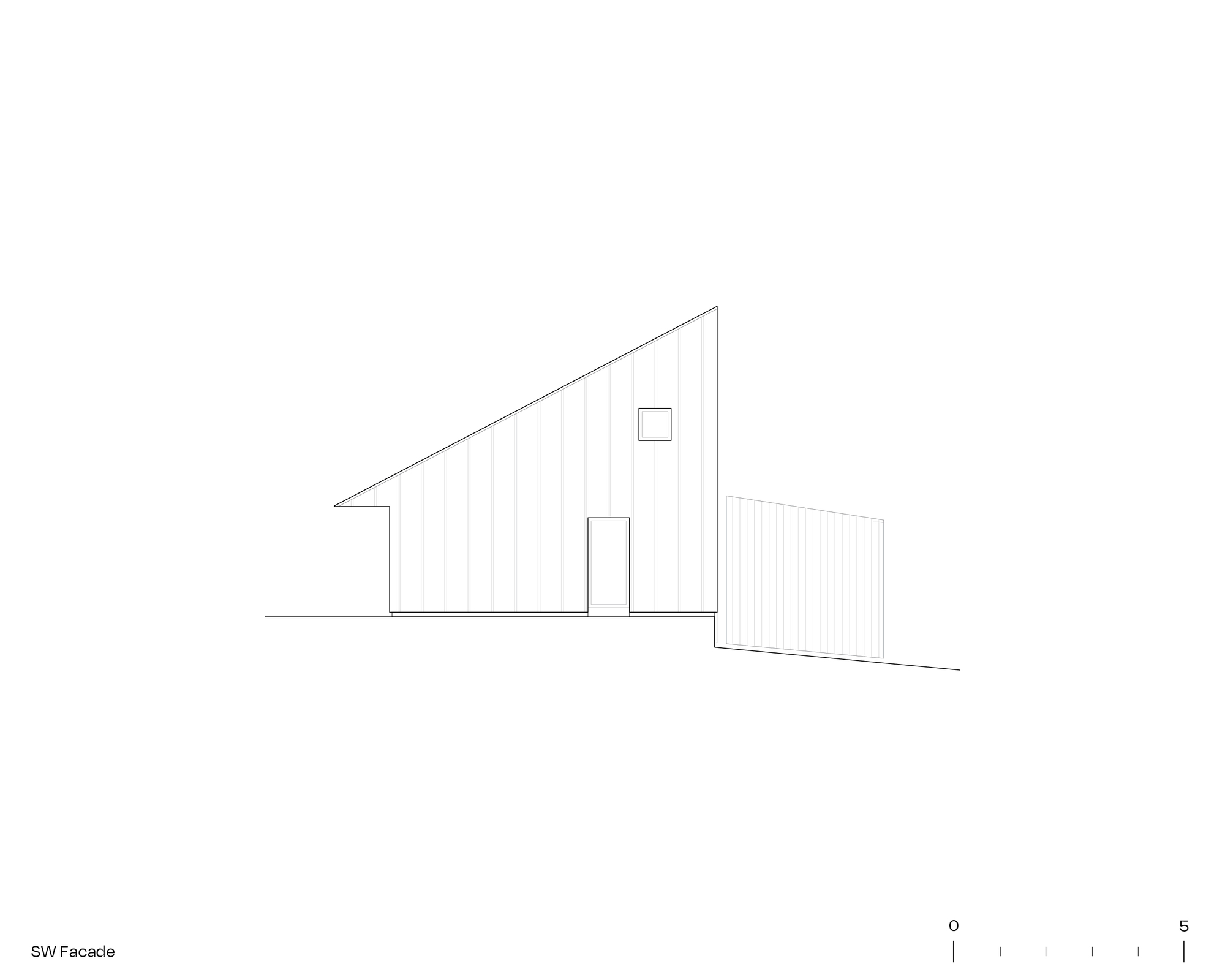 Elevation drawing of the southwest facade featuring a pitched roof and attached lower volume