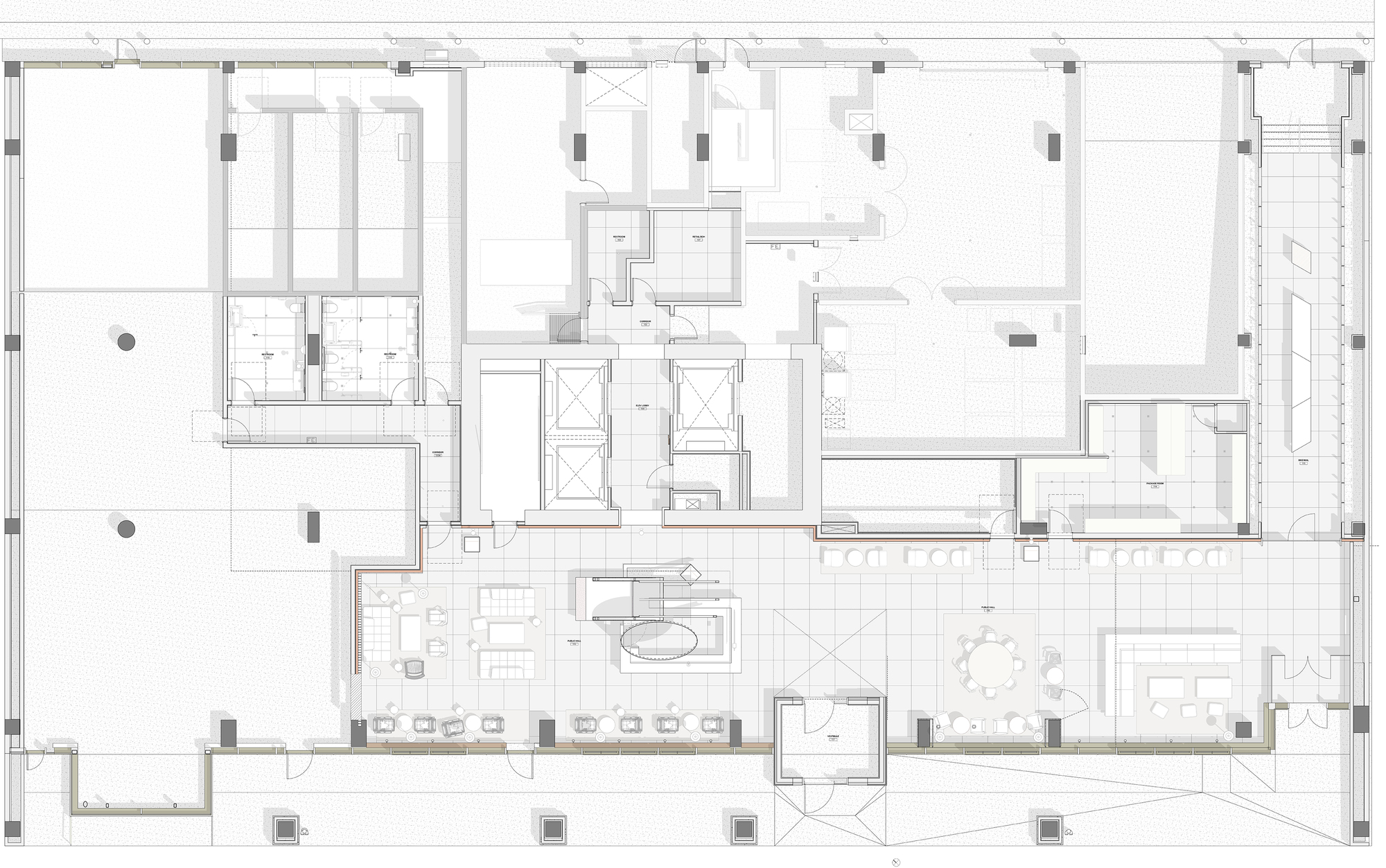 Floor plan drawing showing residential units arranged around a central core with double-height spaces