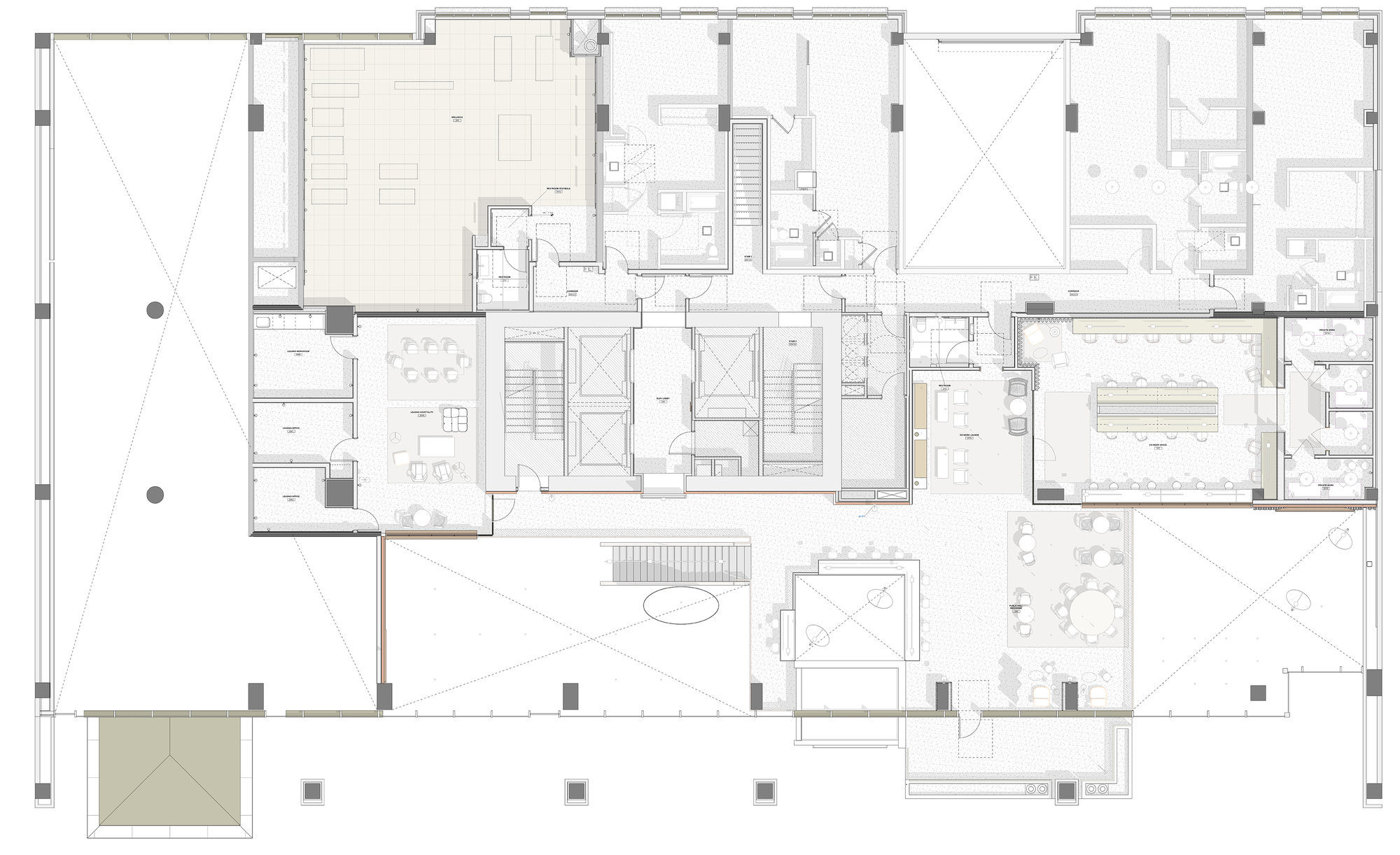Floor plan drawing depicting multiple residential units with balconies and central circulation shafts