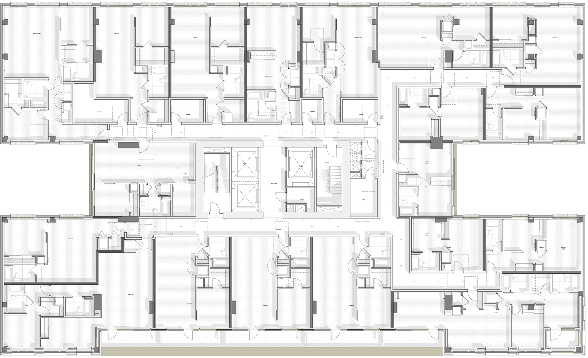 Floor plan drawing showing a typical residential level with repeating units and central elevator cores