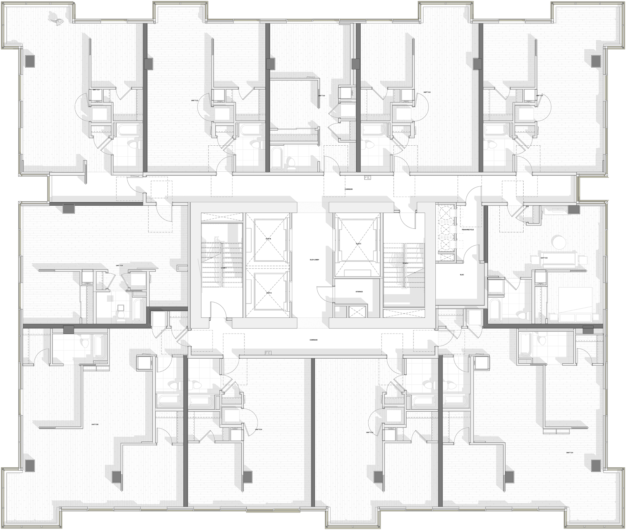 Floor plan drawing illustrating residential units with individual layouts surrounding paired stair and elevator shafts