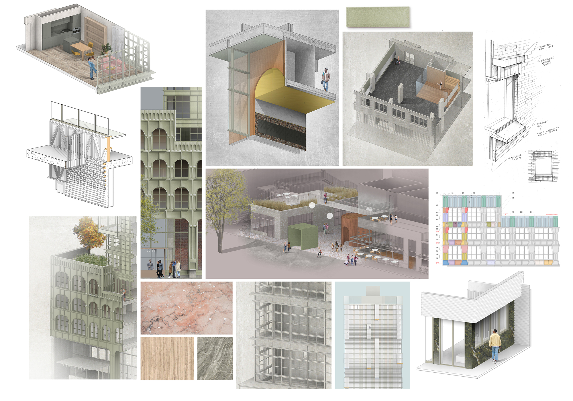 Composite presentation board showing axonometric drawings, renderings, elevations and material samples for a residential tower