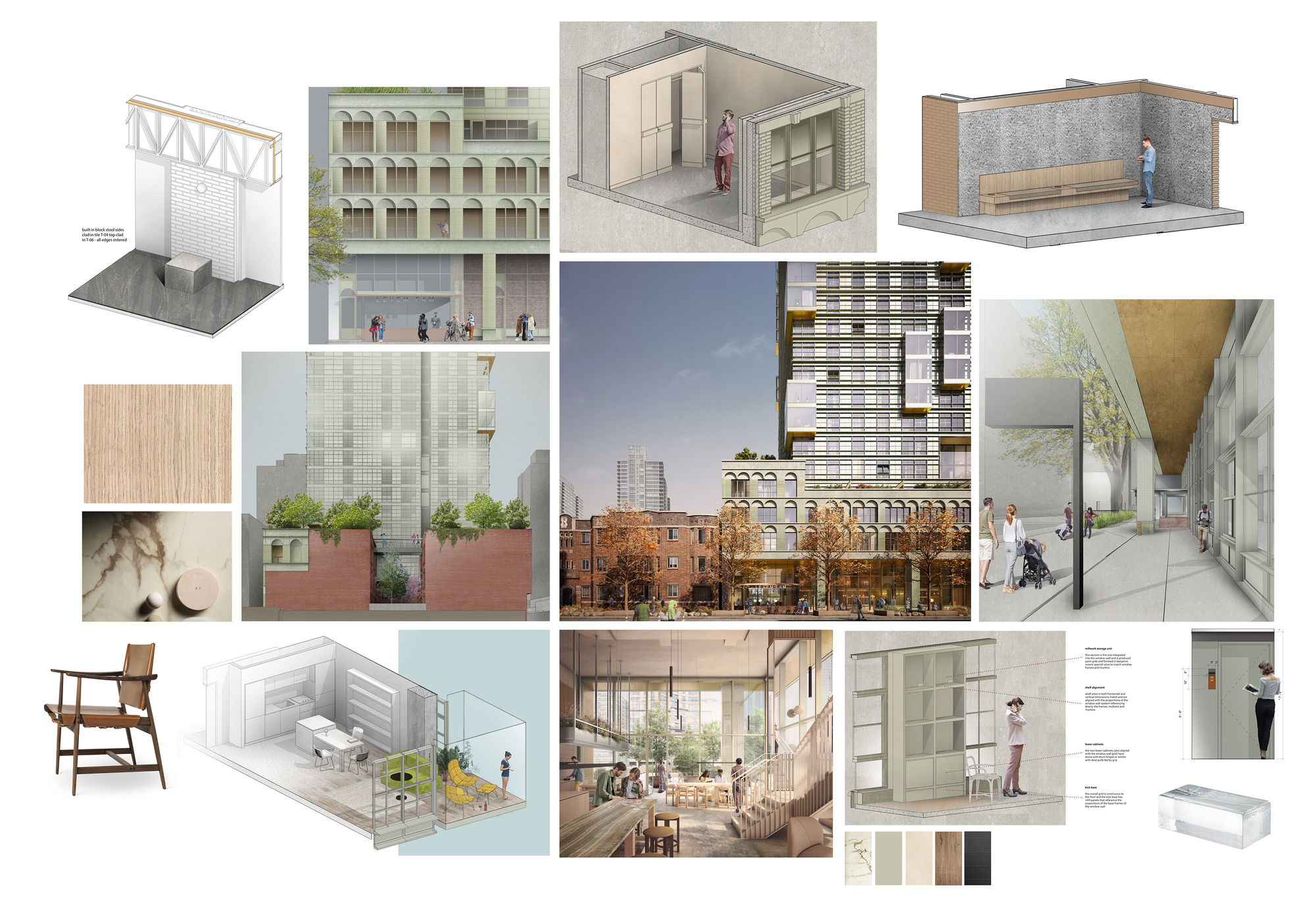 Project board displaying section cuts, street views and interior renderings with material swatches and furniture details