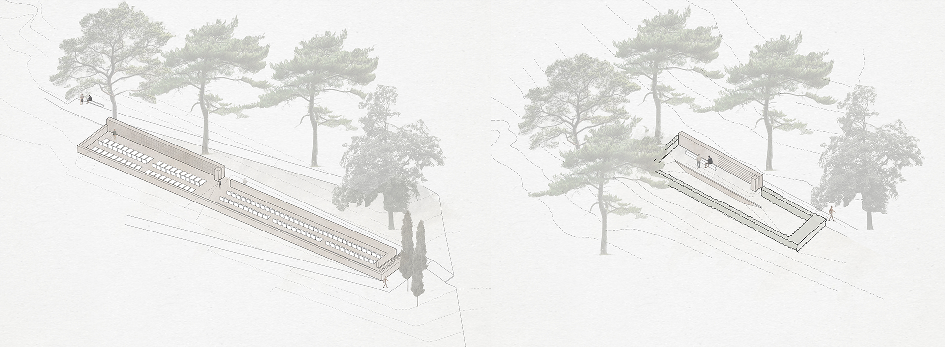 Axonometric drawing showing two elongated pavilion volumes with latticed facades nestled among trees