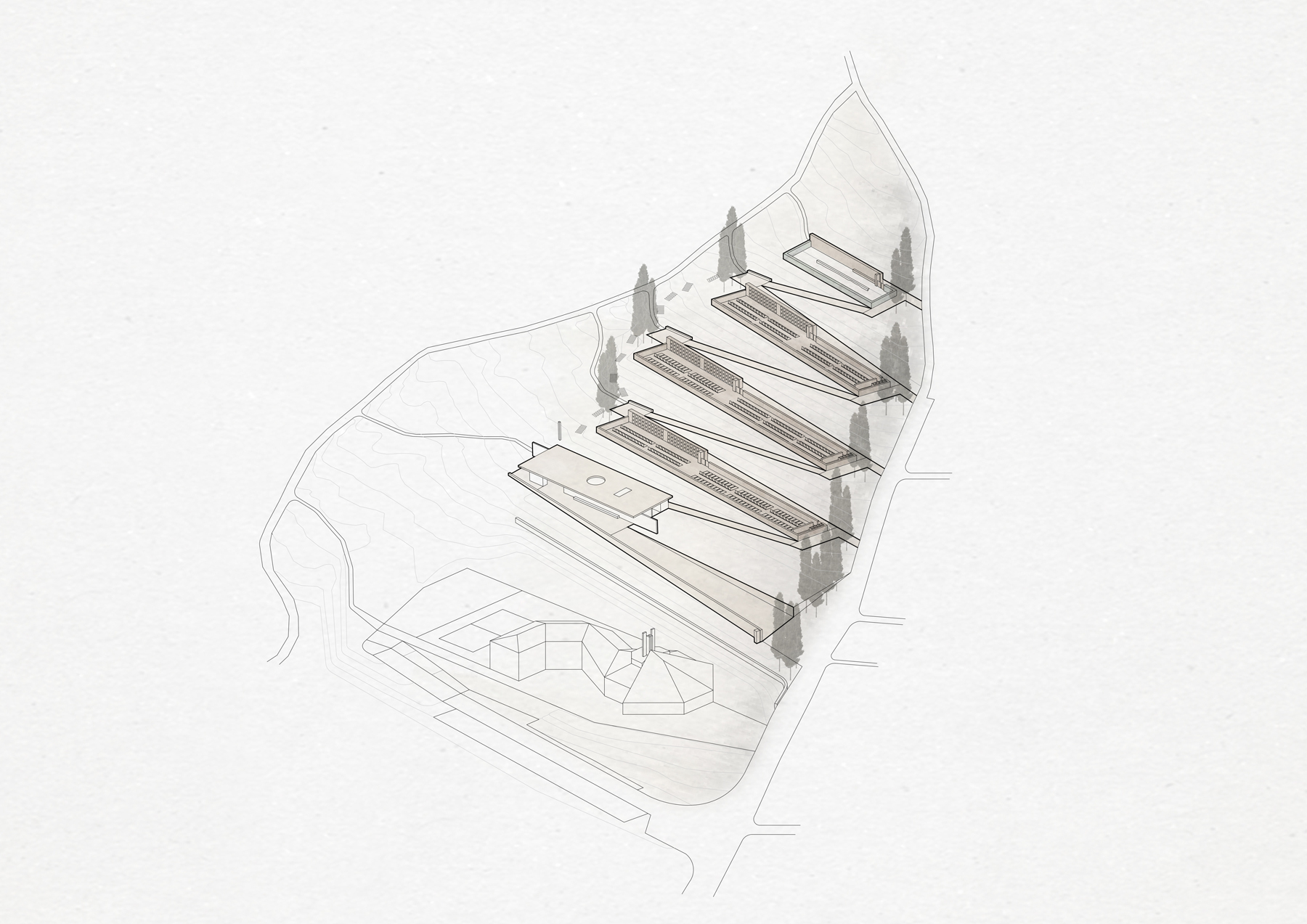 Exploded axonometric drawing displaying stacked horizontal floor plates above a circular ground level element
