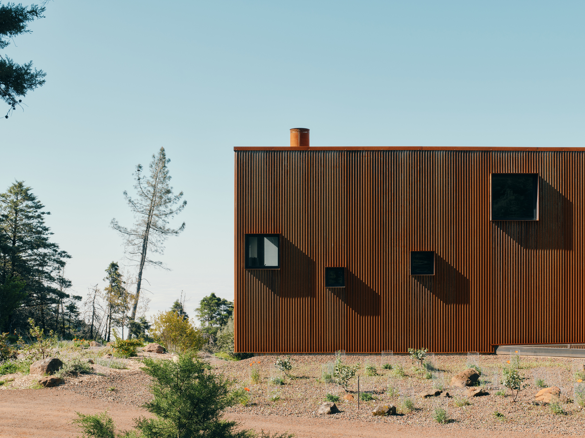 Corrugated metal wall with scattered square and arched window cutouts casting shadows in afternoon light