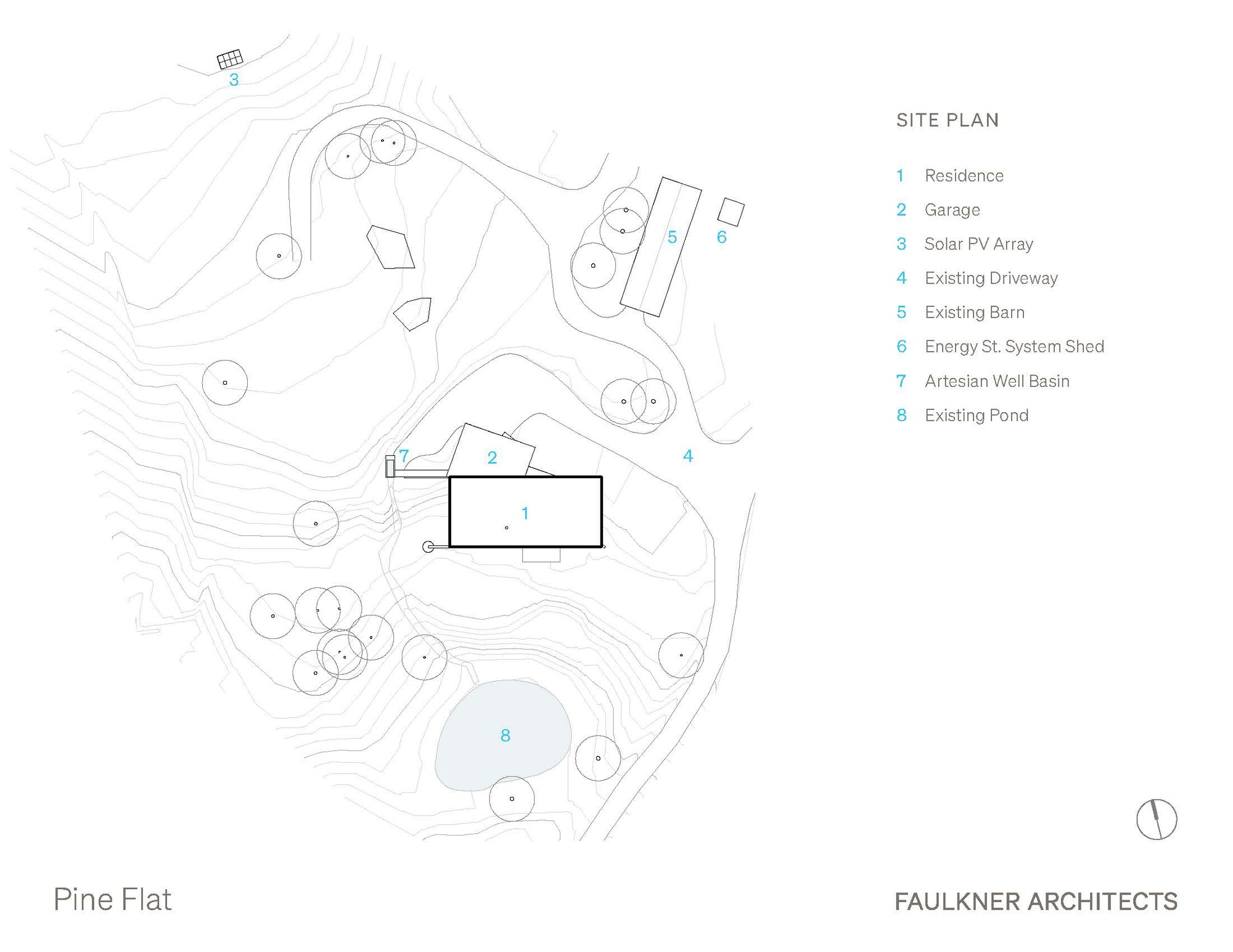 Site plan drawing showing residence placement on contoured terrain with existing structures and landscape features