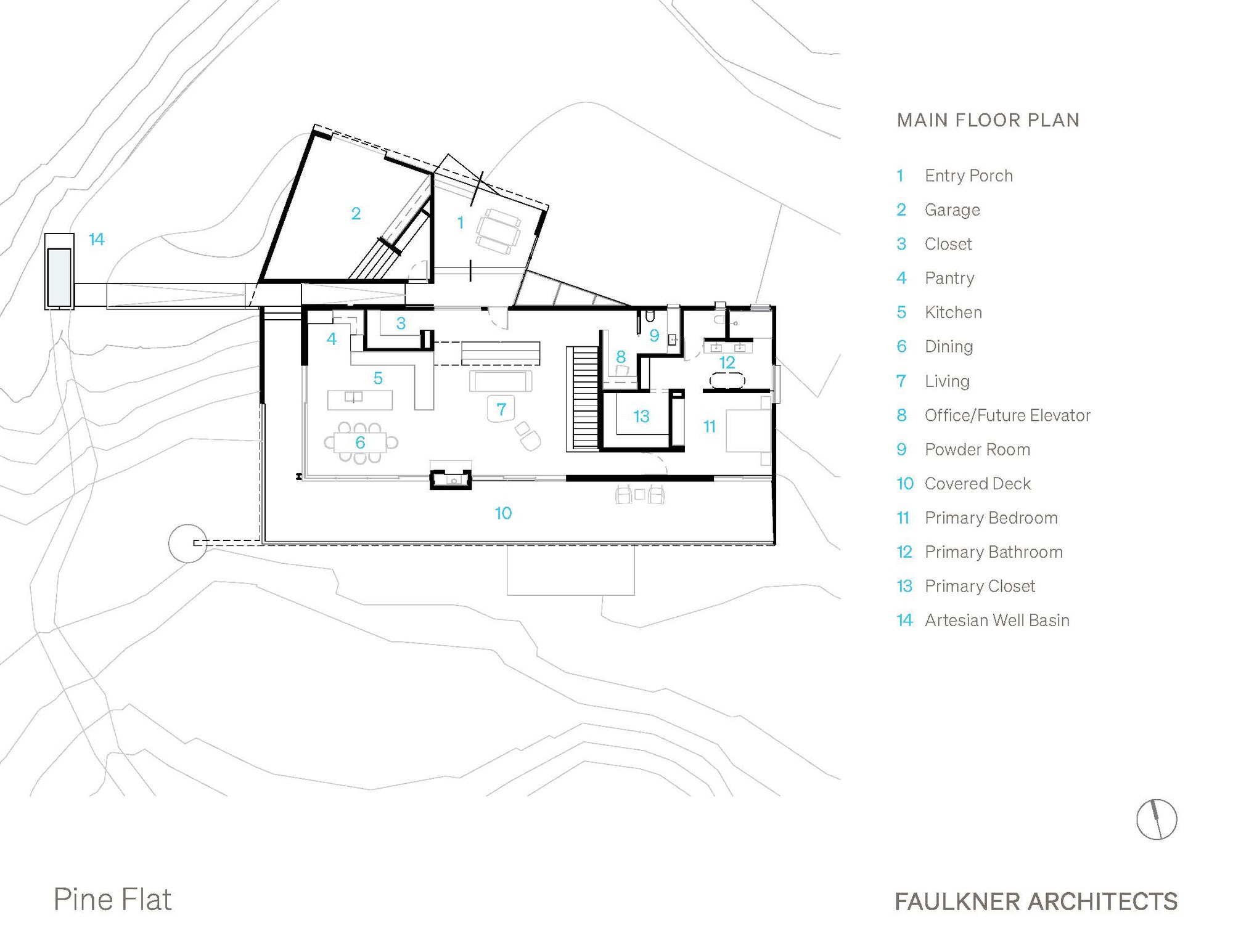 Floor plan drawing showing the main level with an angled garage volume and central living spaces