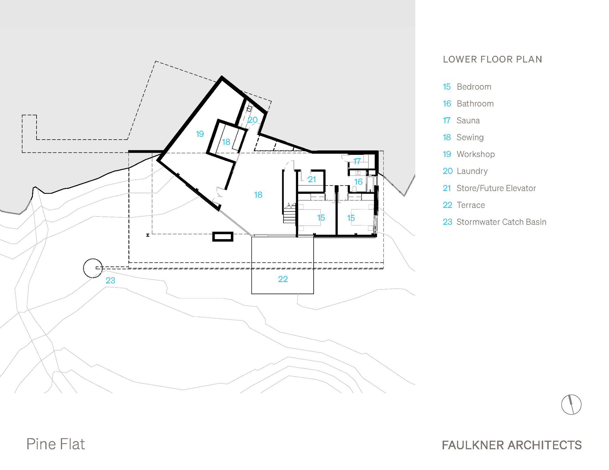 Floor plan drawing showing the lower level with bedrooms and workshop on sloping terrain