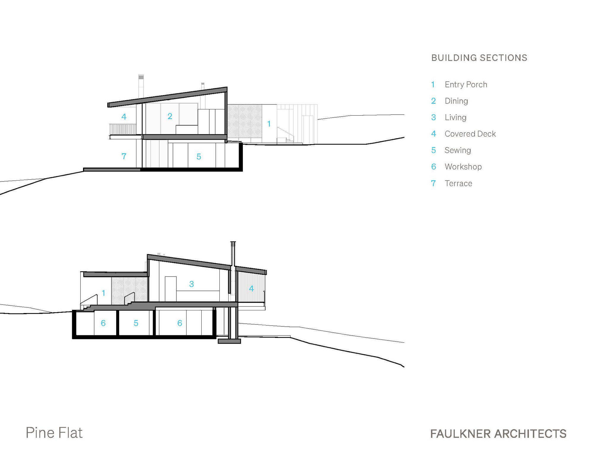 Section drawings revealing the split-level interior volumes stepping down the hillside