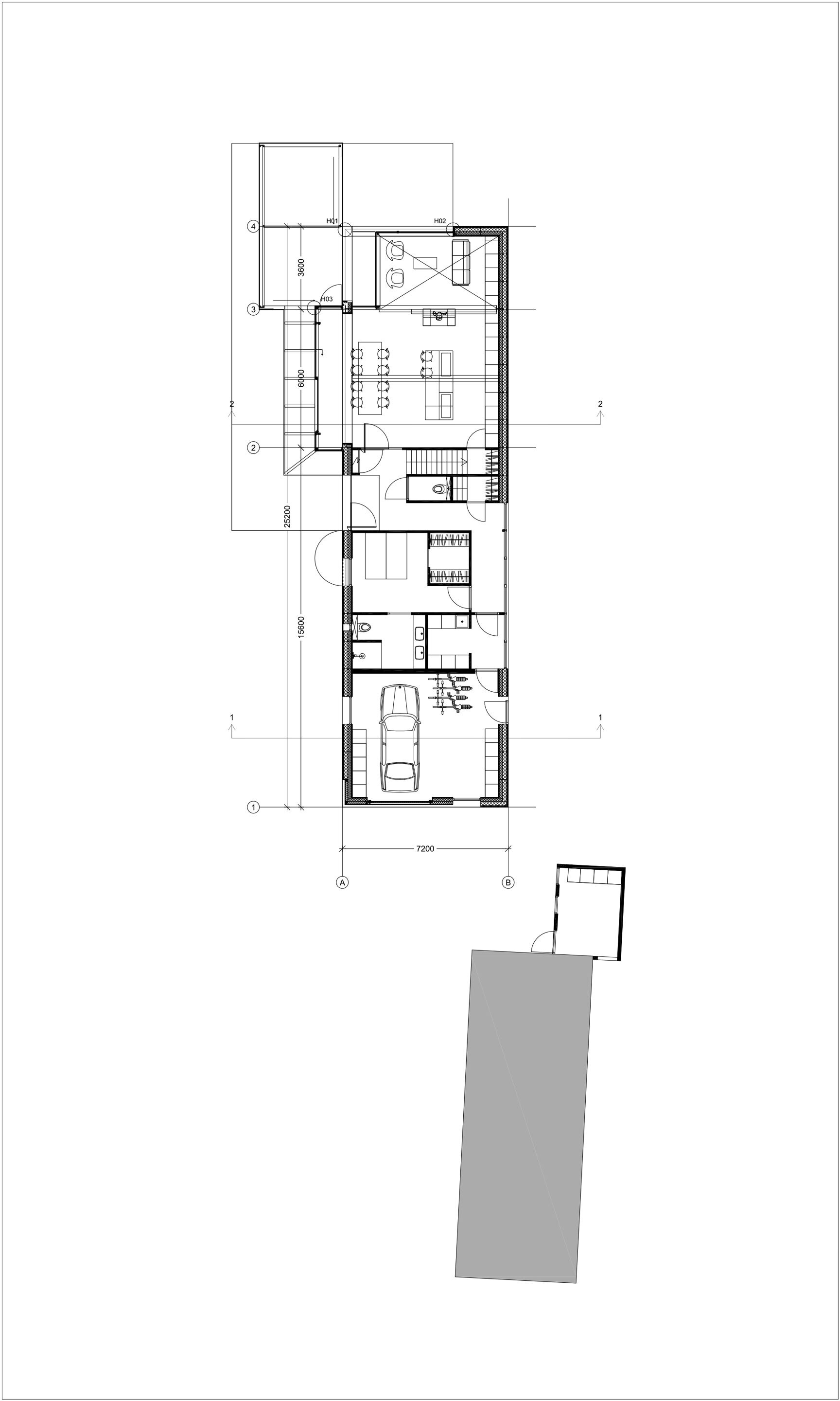 Ground floor plan drawing depicting living and dining spaces with a garage and stairwell