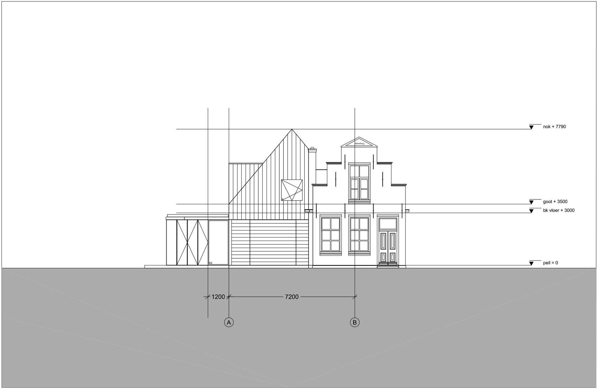 Front elevation drawing showing a gabled volume with vertical cladding and multi-height massing