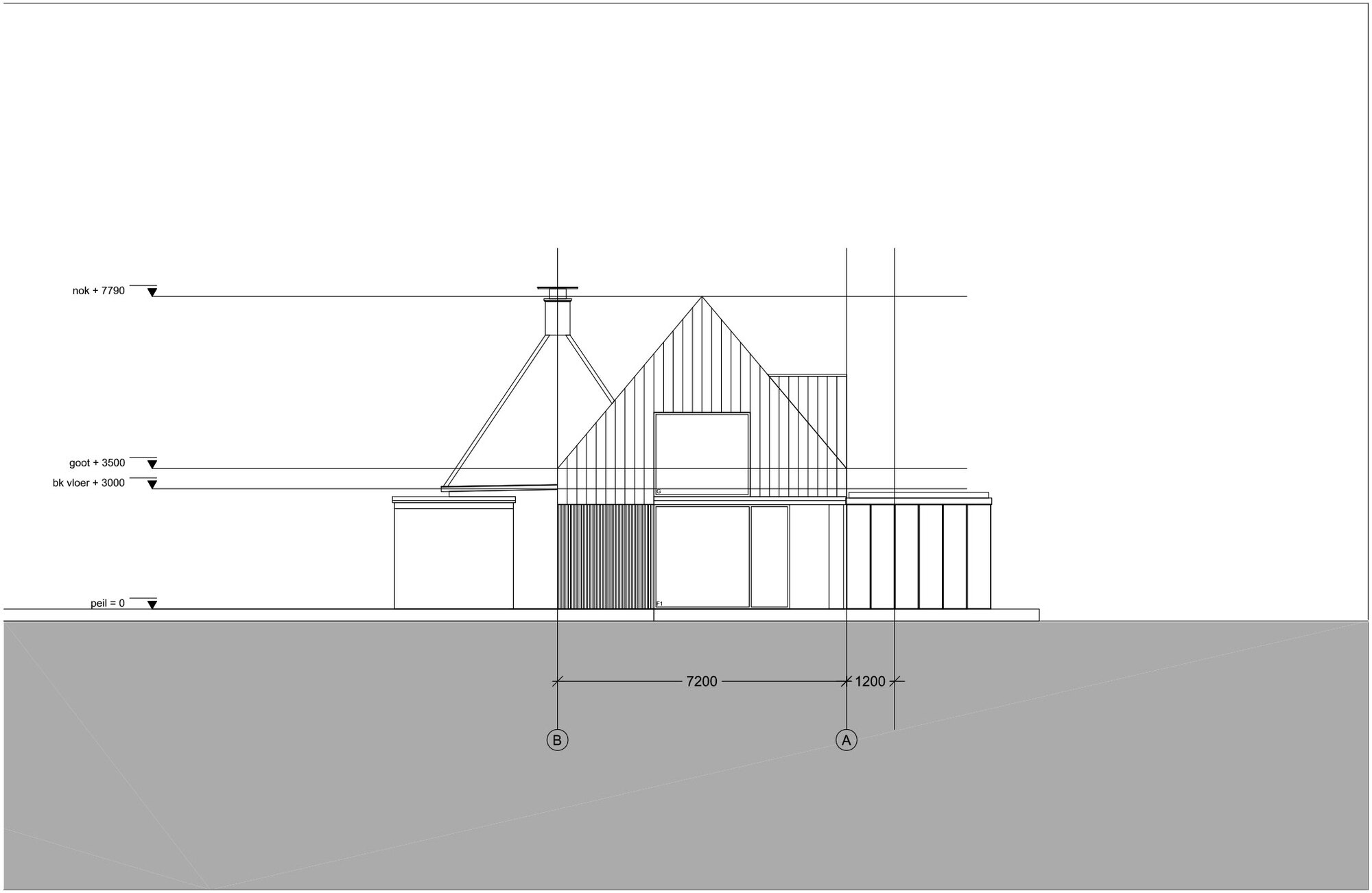 Rear elevation drawing showing the peaked roof and vertical siding of the addition