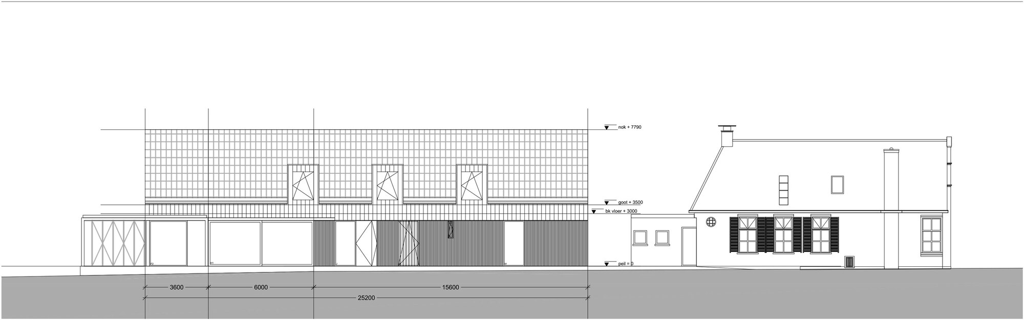 Elevation drawing showing a linear building with perforated brick screen and glazed openings