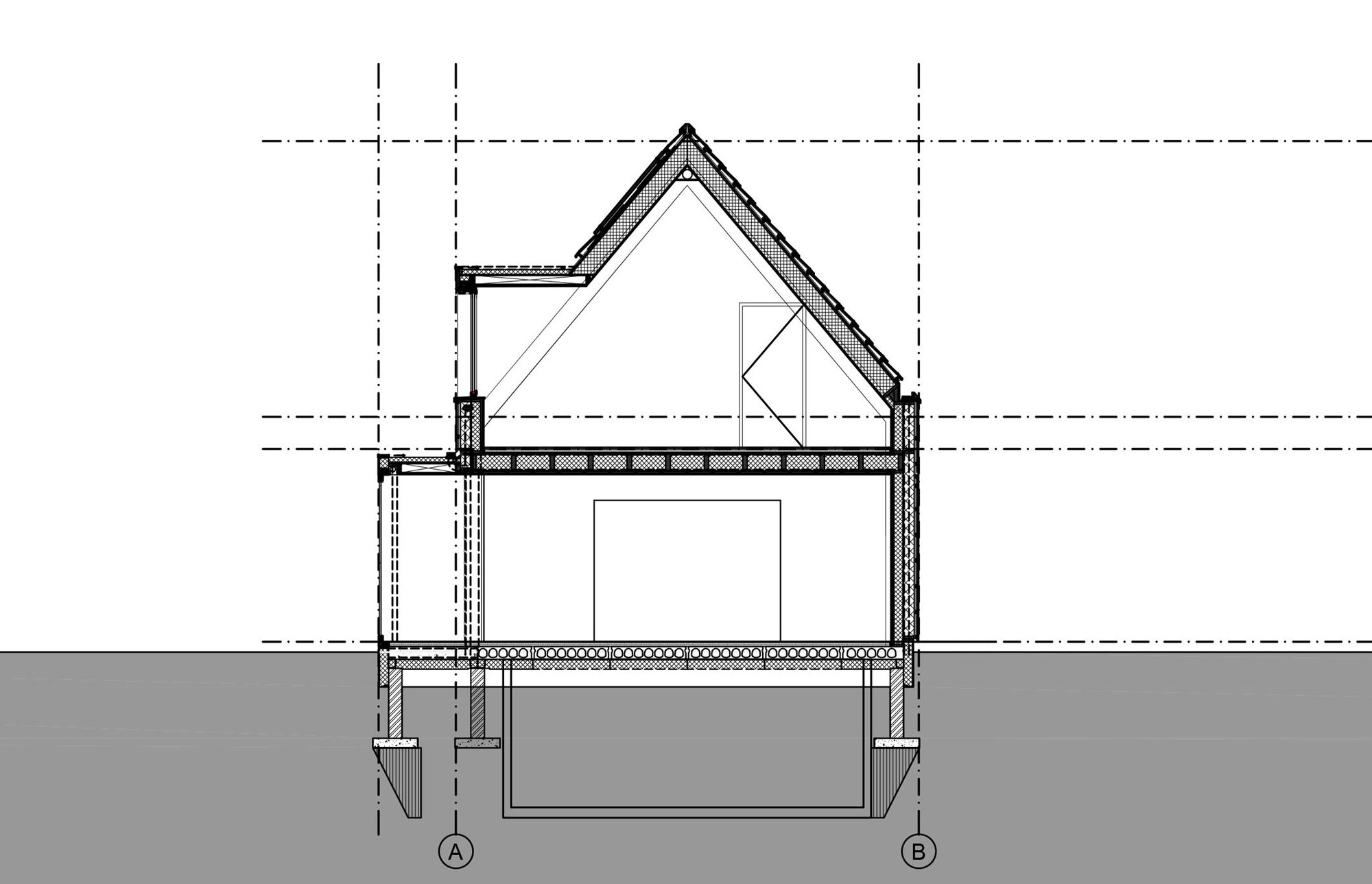 Section drawing showing pitched roof volume with basement and ground floor spaces
