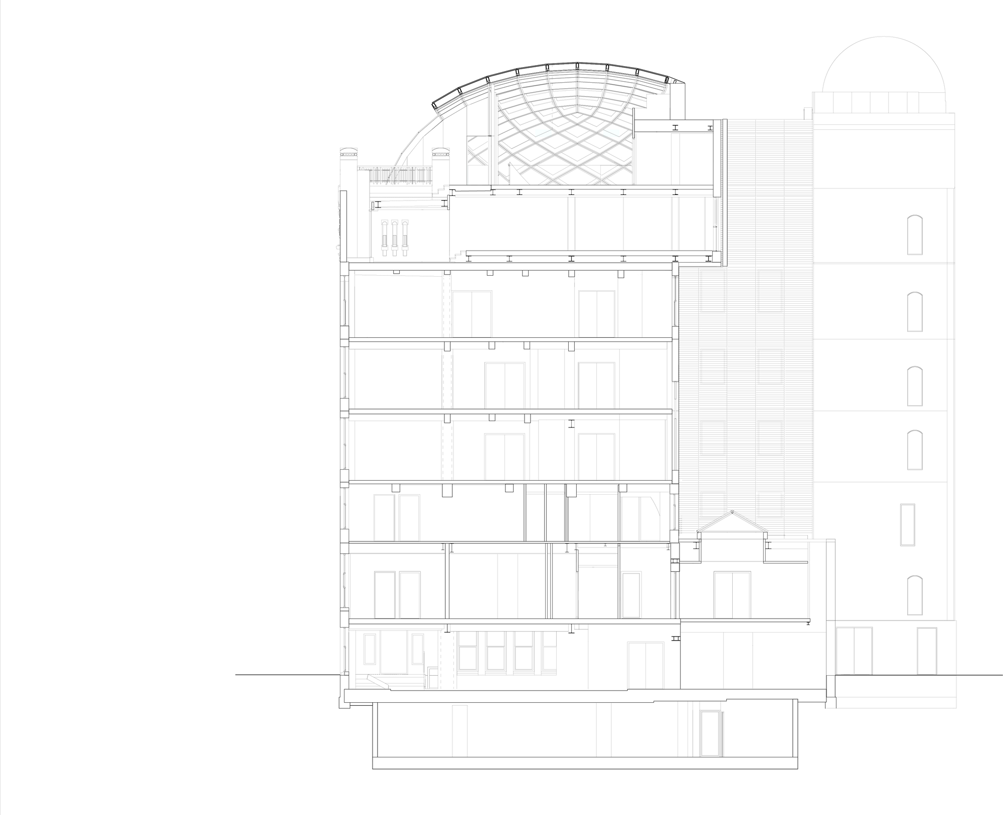 Section drawing showing multi-story building with arched glazed roof and adjacent cylindrical tower