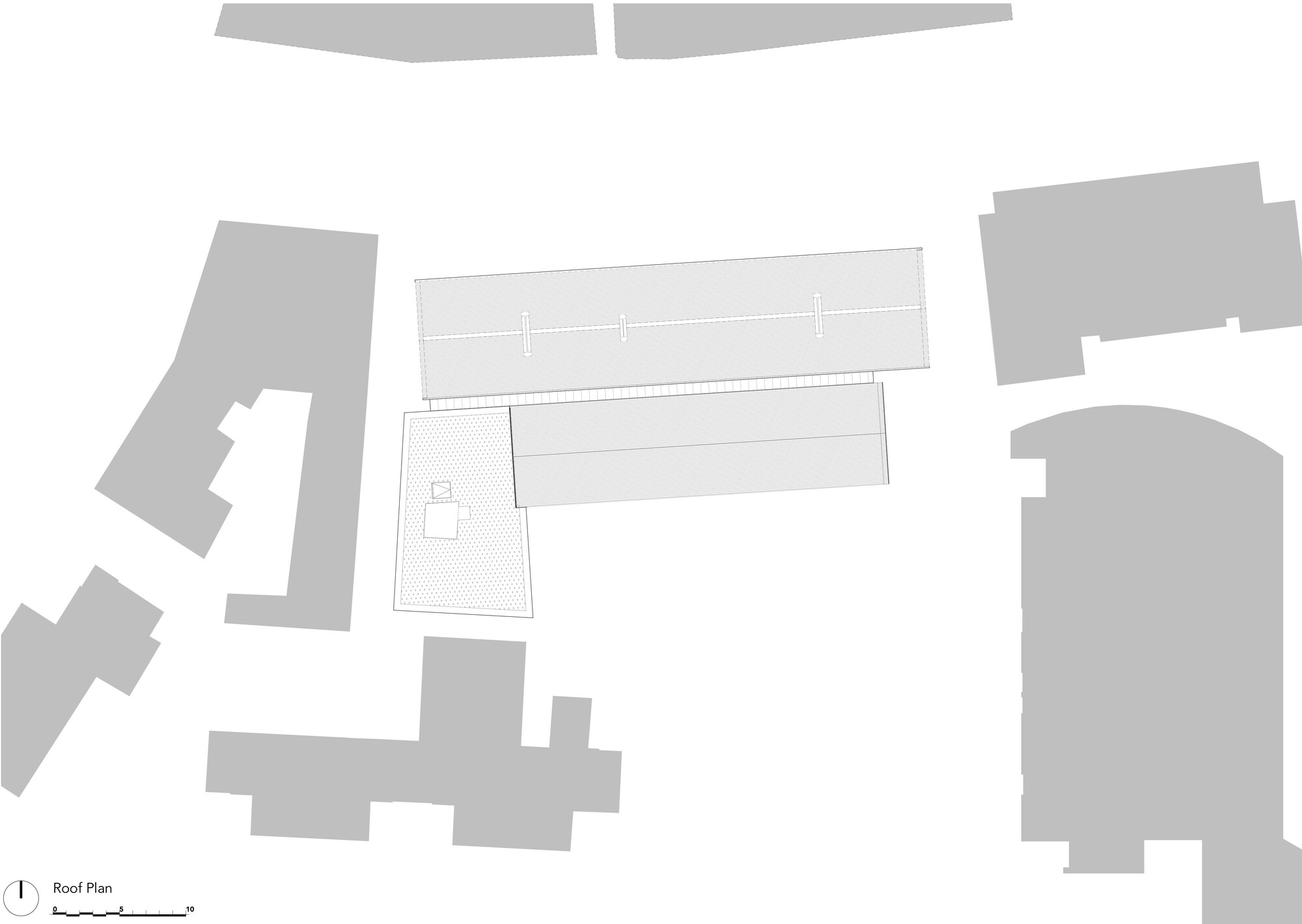 Roof plan drawing showing twin gabled volumes and corner terrace with tree well