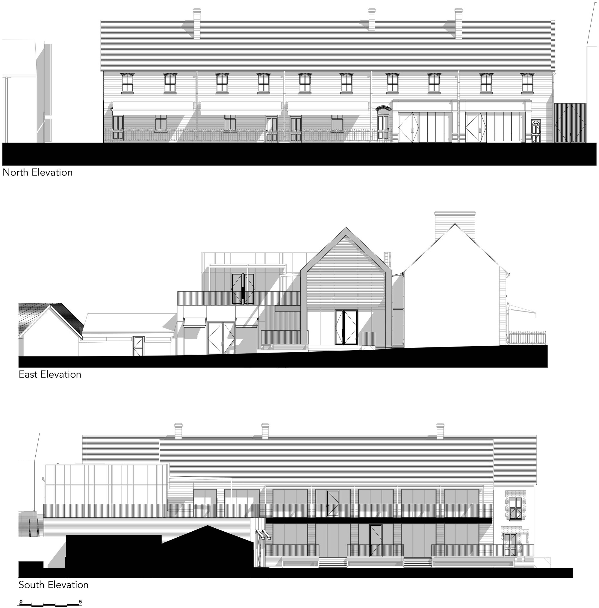 Elevation drawings showing the north, east and south facades with horizontal siding and gridded glazing