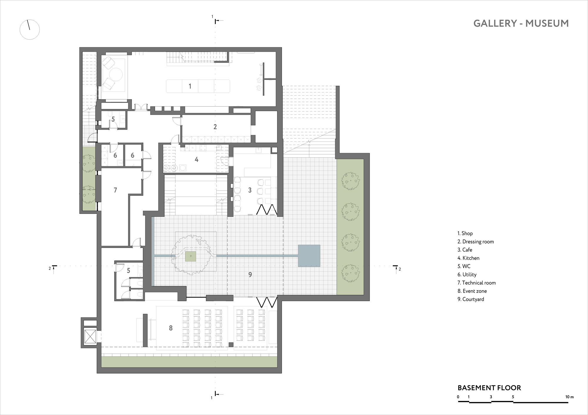 Basement floor plan drawing showing gallery spaces with cafe and courtyard areas