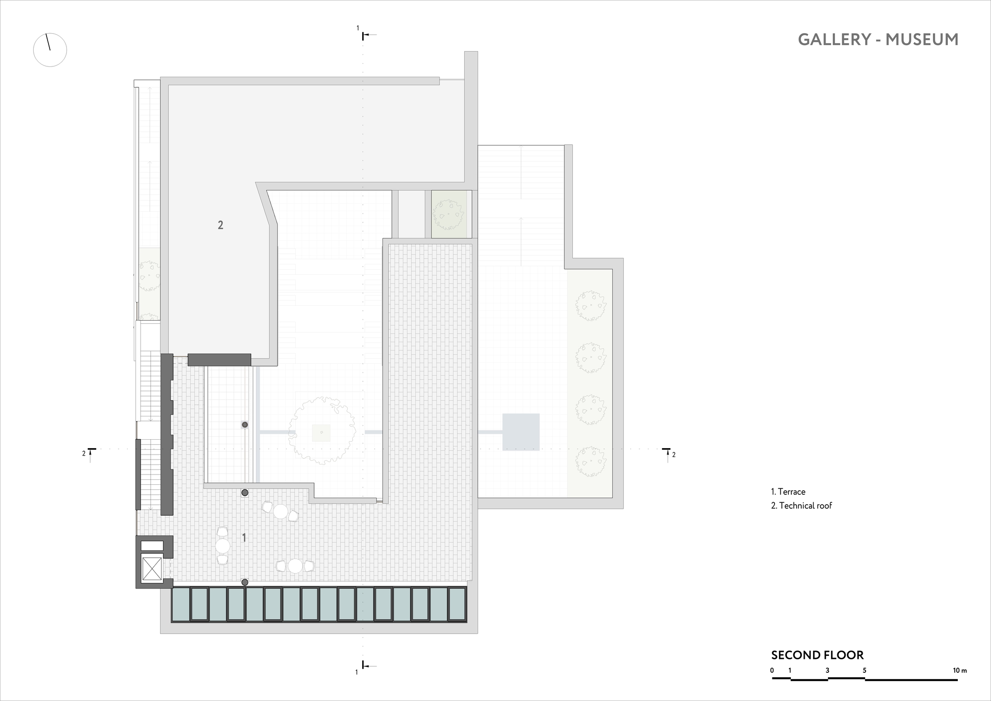 Second floor plan showing terrace and technical roof with open gallery volume below