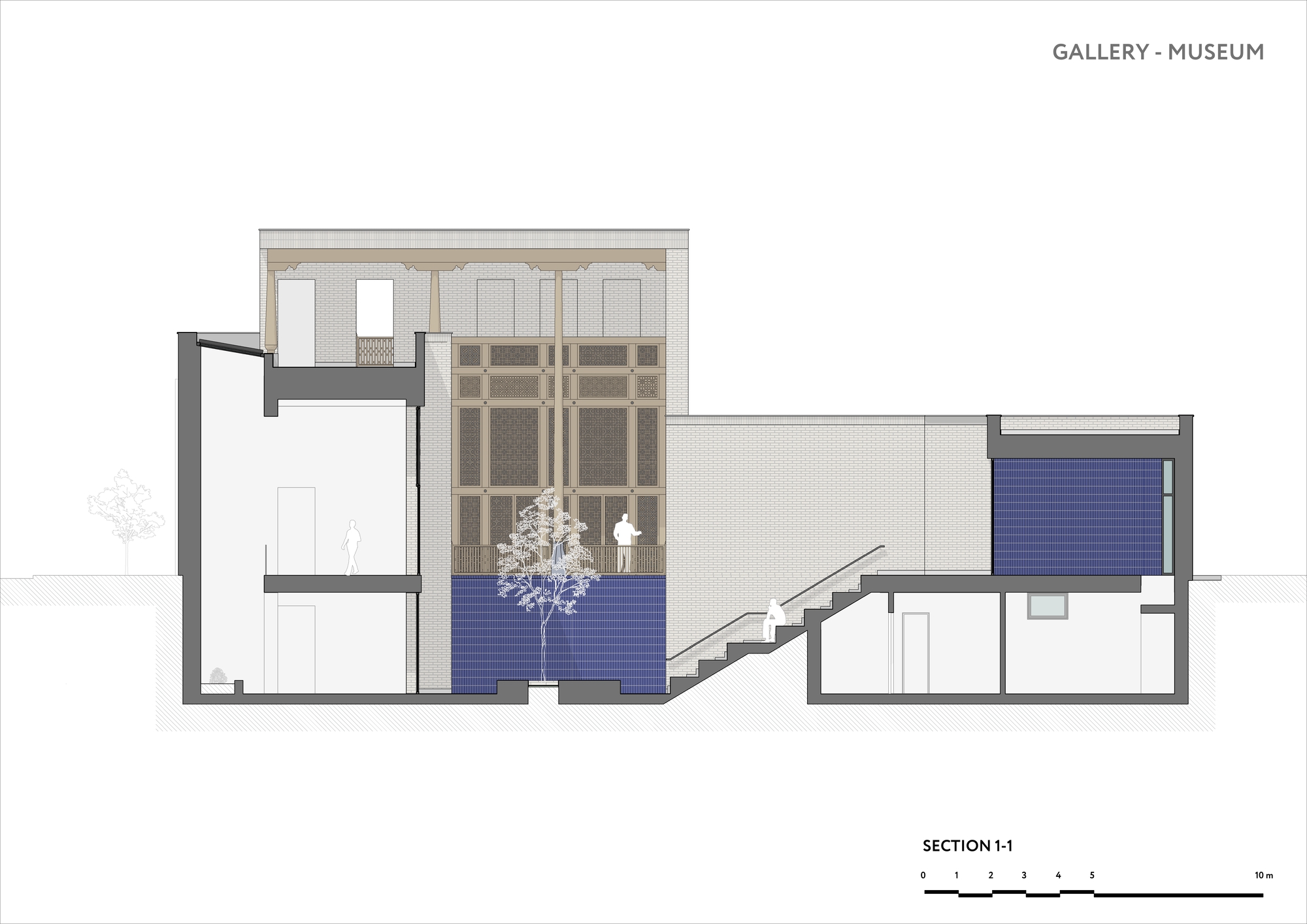 Section drawing through double-height gallery space with blue water feature and planted courtyard