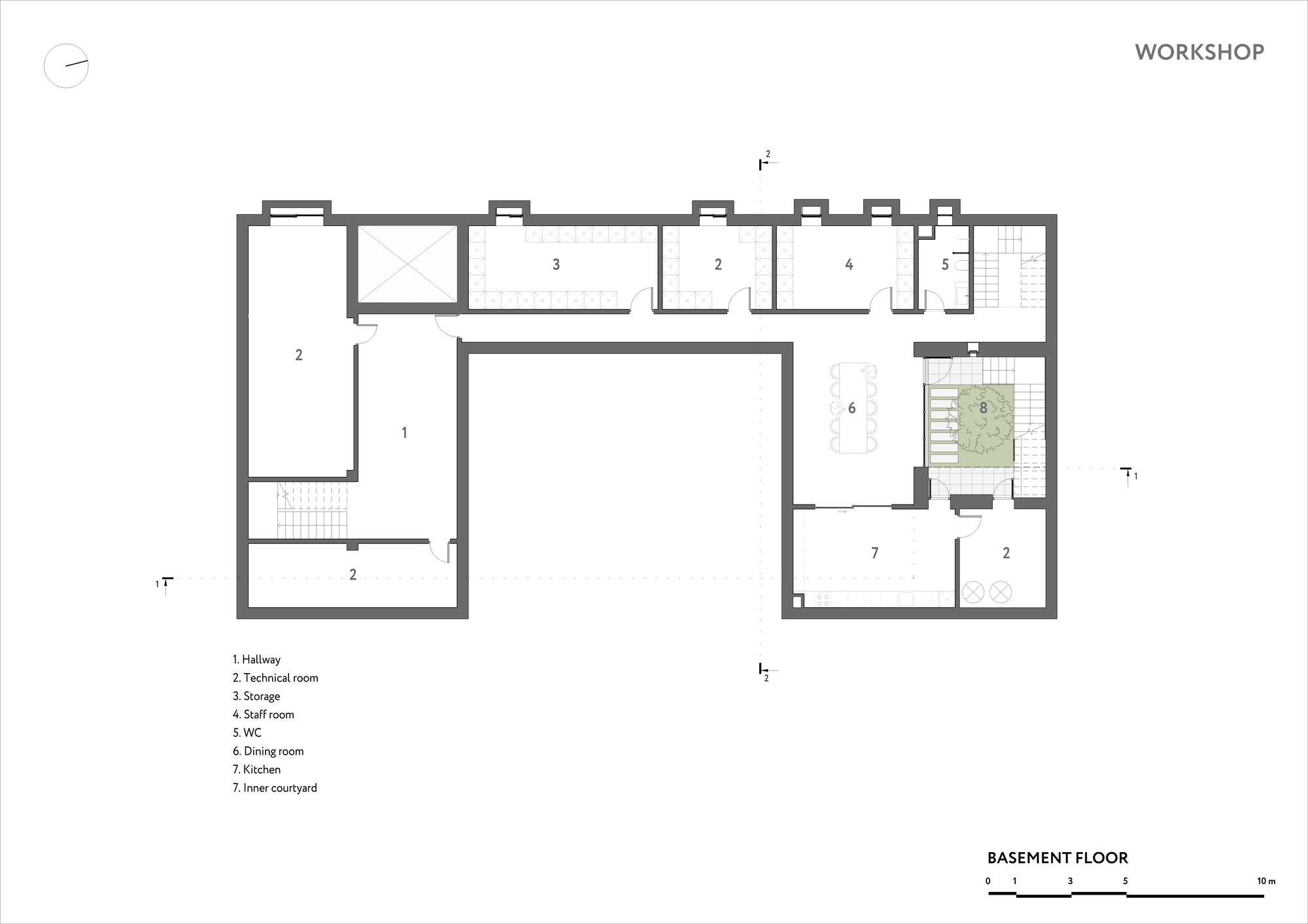 Basement floor plan showing hallway, technical rooms, storage spaces and tree courtyard