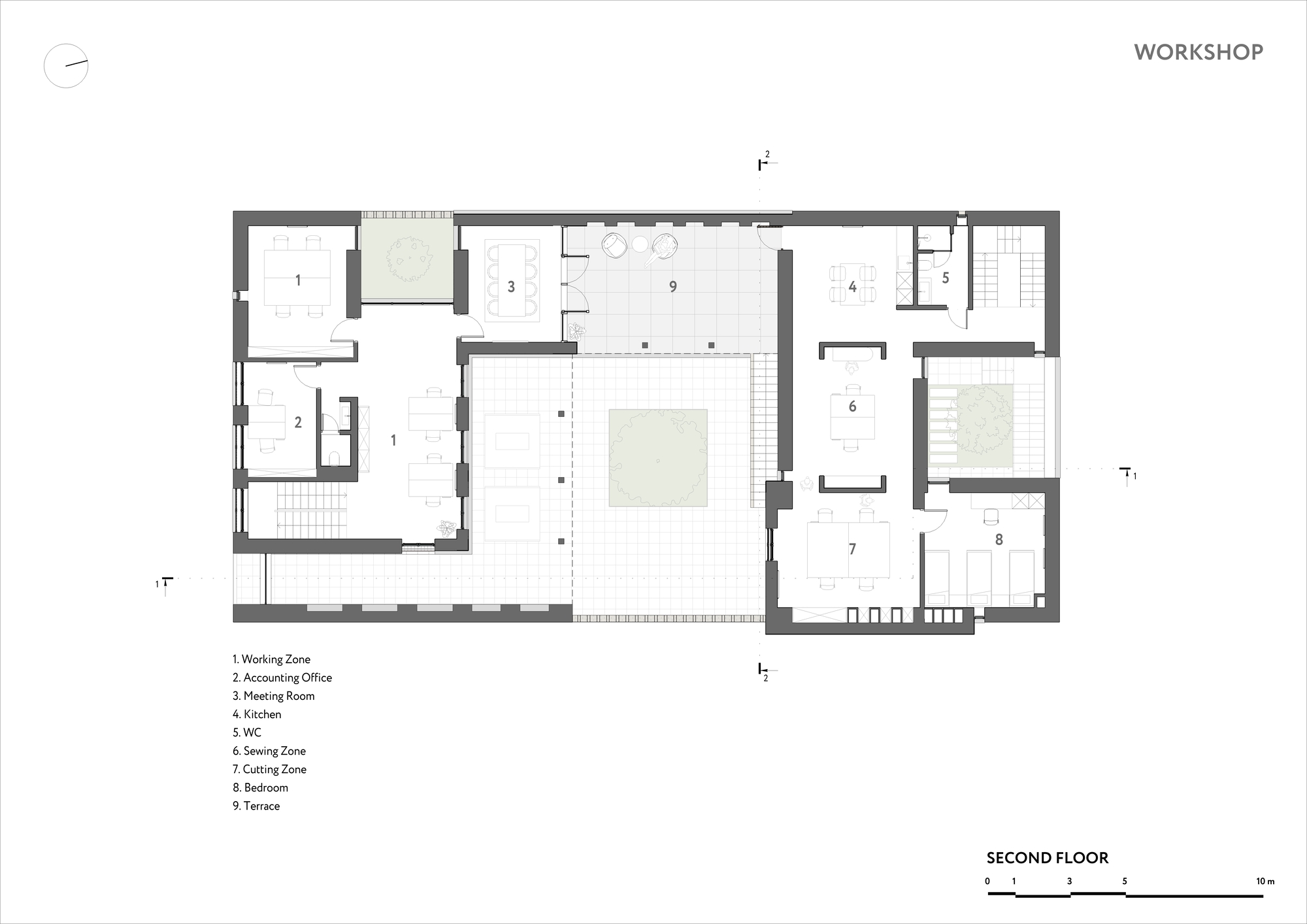 Second floor plan showing central open space surrounded by working zones and meeting rooms