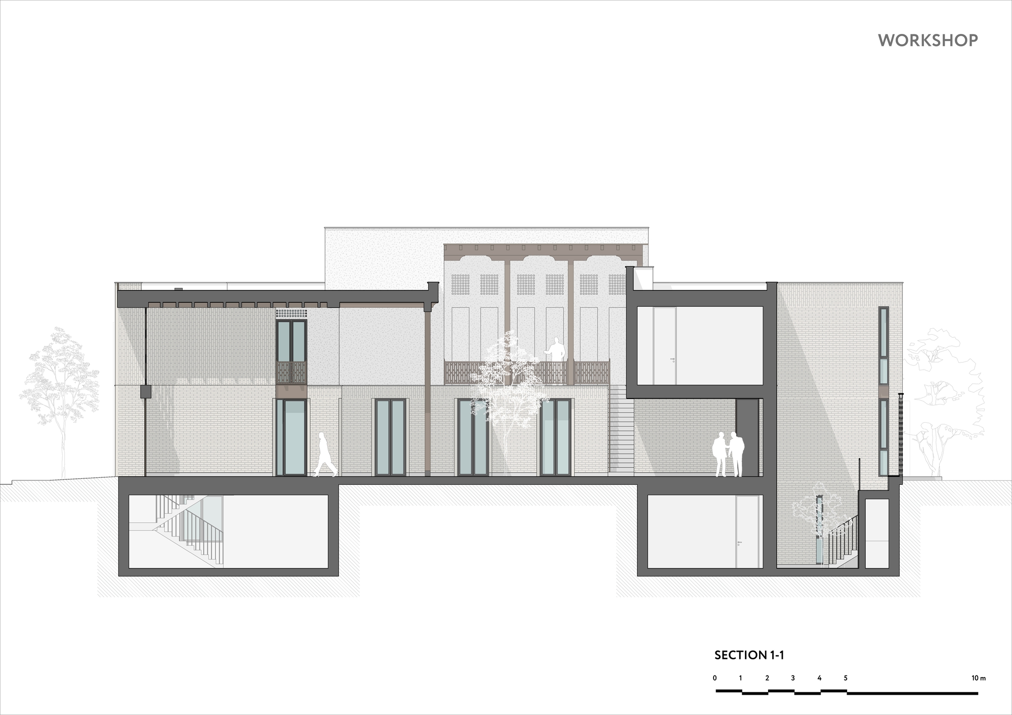 Section drawing showing three-story interior volumes with central courtyard tree and basement stairs