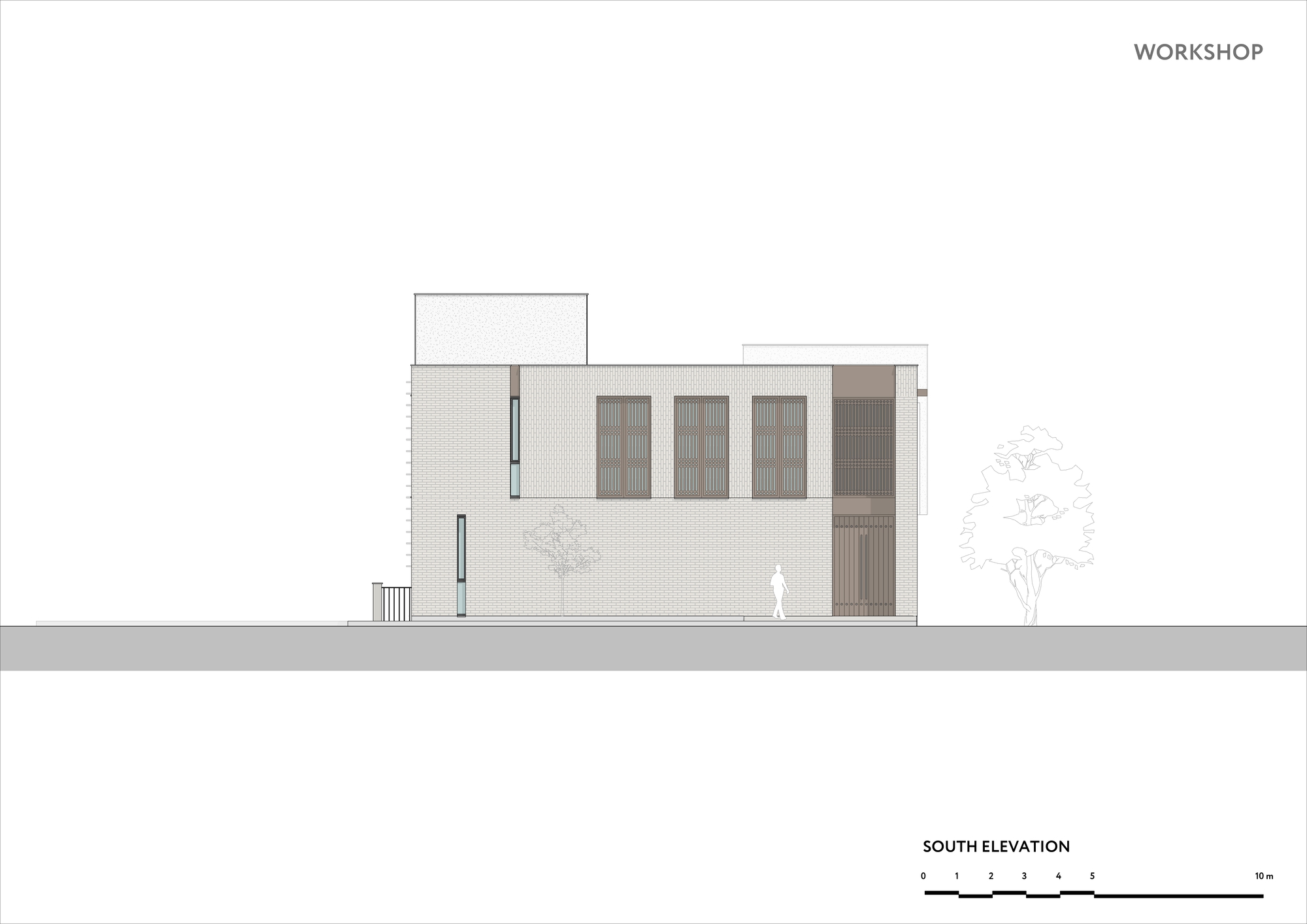 South elevation drawing showing textured facade with three tall openings and figure for scale