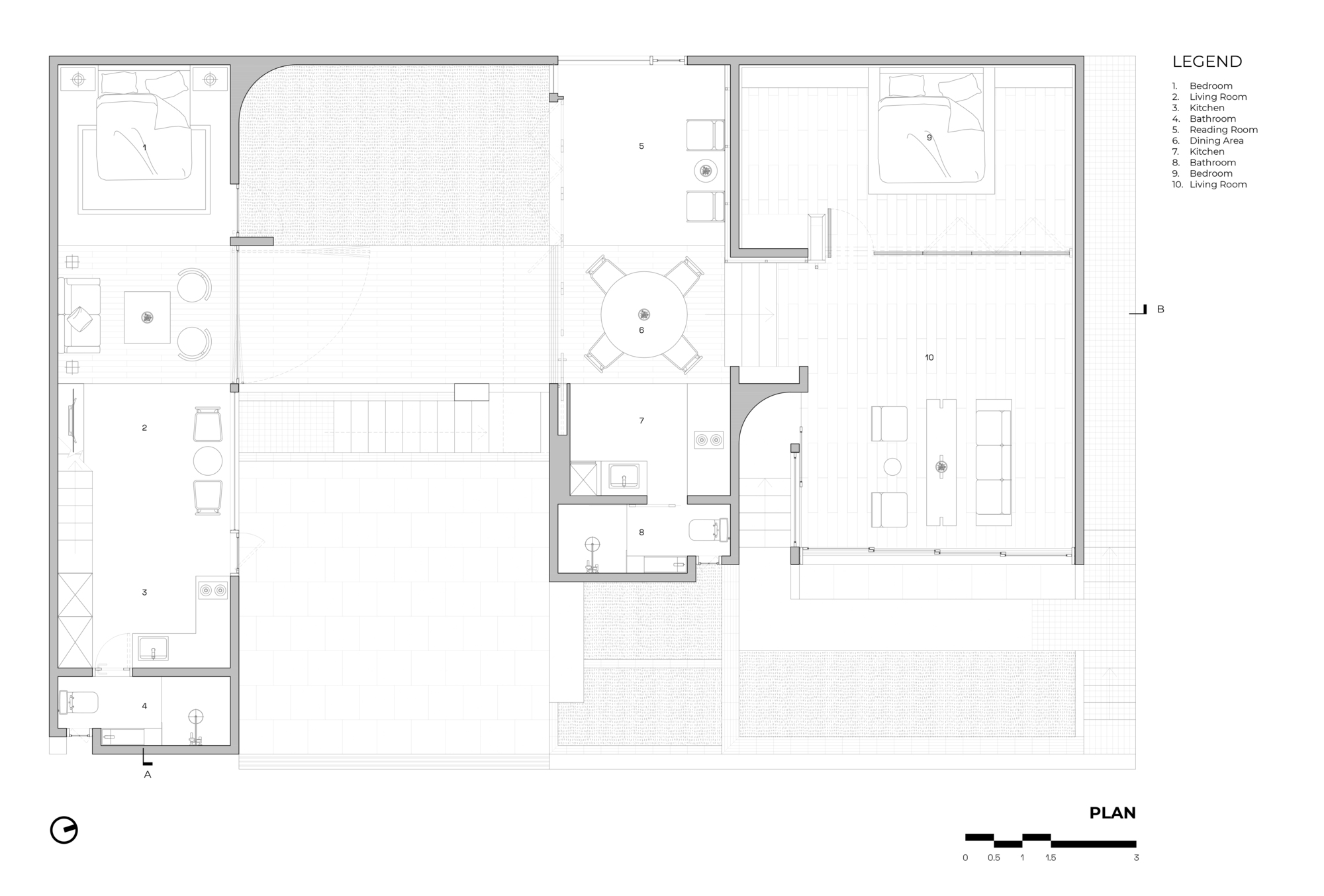 Floor plan drawing showing open living and dining areas with integrated terrace and bedroom wing