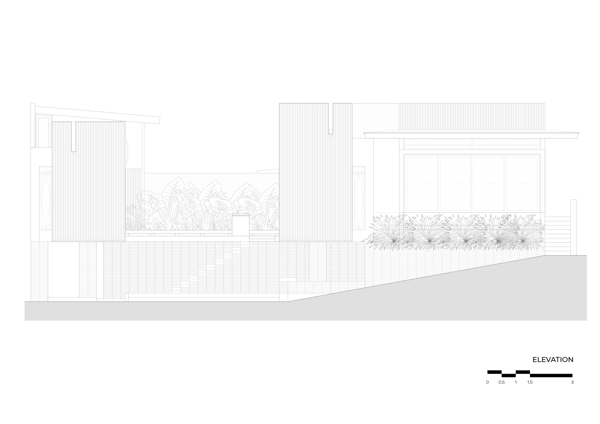 Elevation drawing depicting the split-level volumes with planted beds along the sloped grade