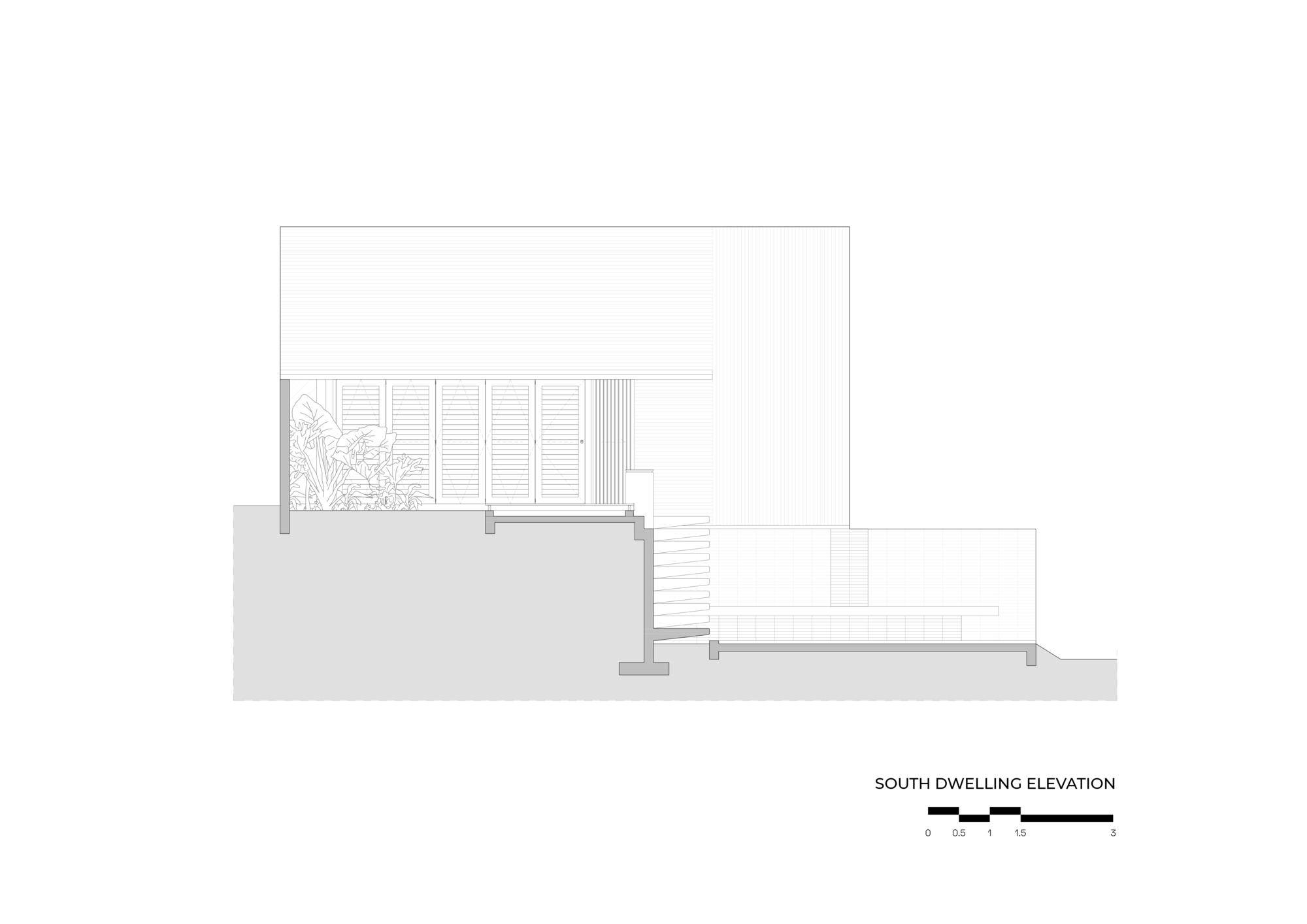 South dwelling elevation drawing showing the upper volume with louvered screen above stepped terrain