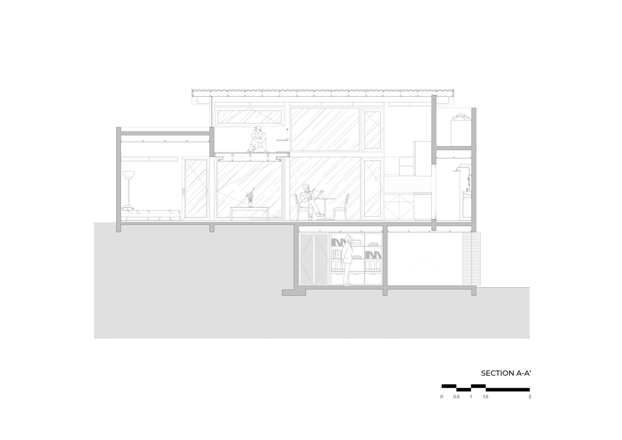 Section drawing showing a split-level residence with multiple rooms and a sunken lower level
