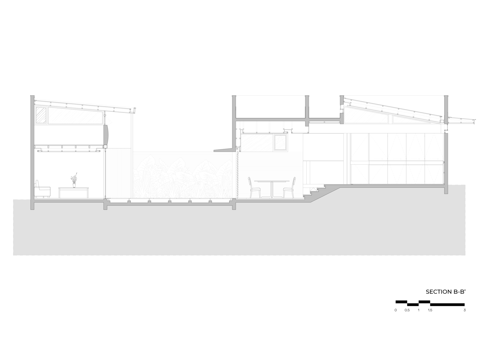 Section drawing depicting sloped roof planes and interior spaces on varying floor levels