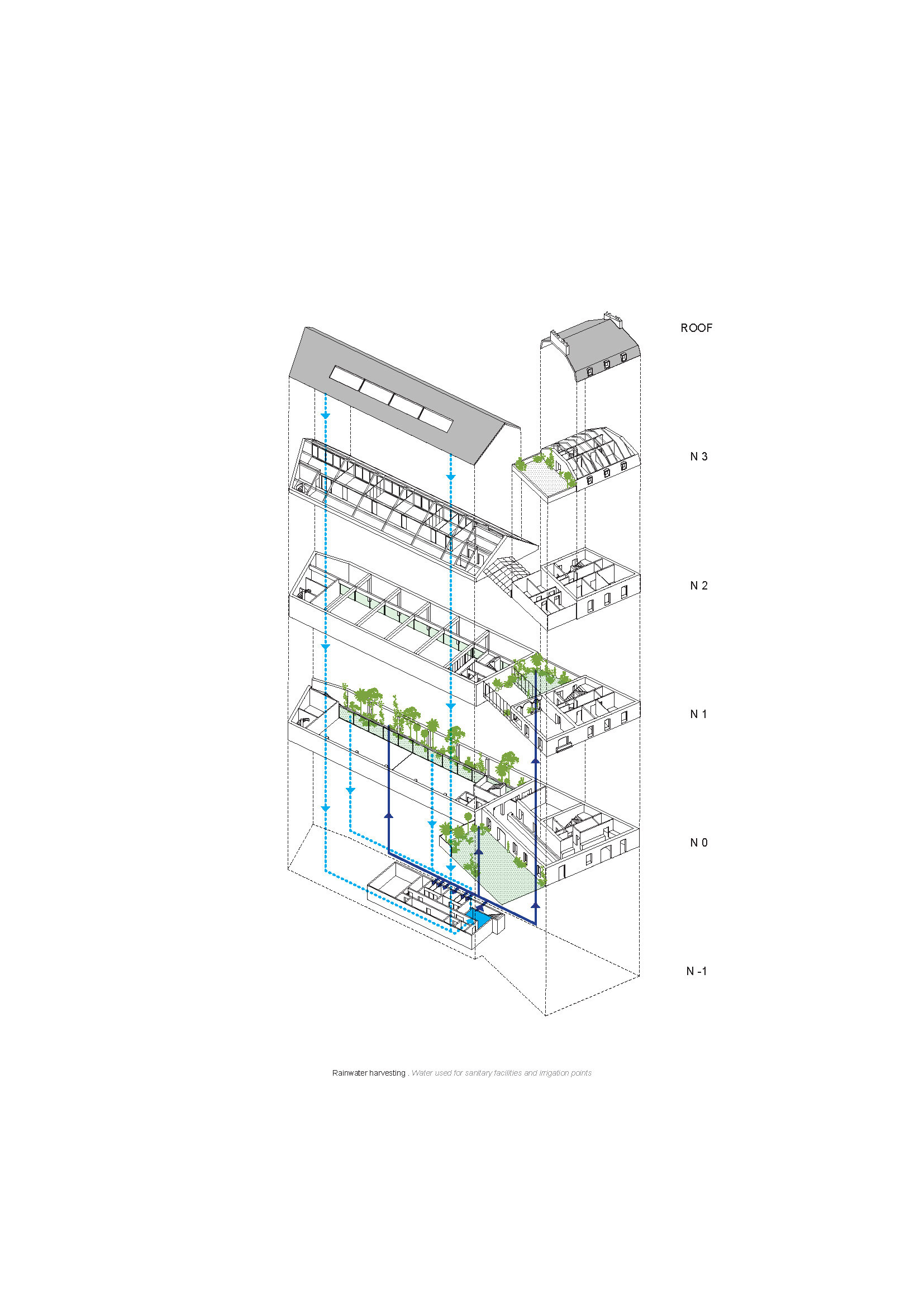 Isometric cutaway drawing showing multi-story building section with planted terraces and blue-tinted glazing on the facade